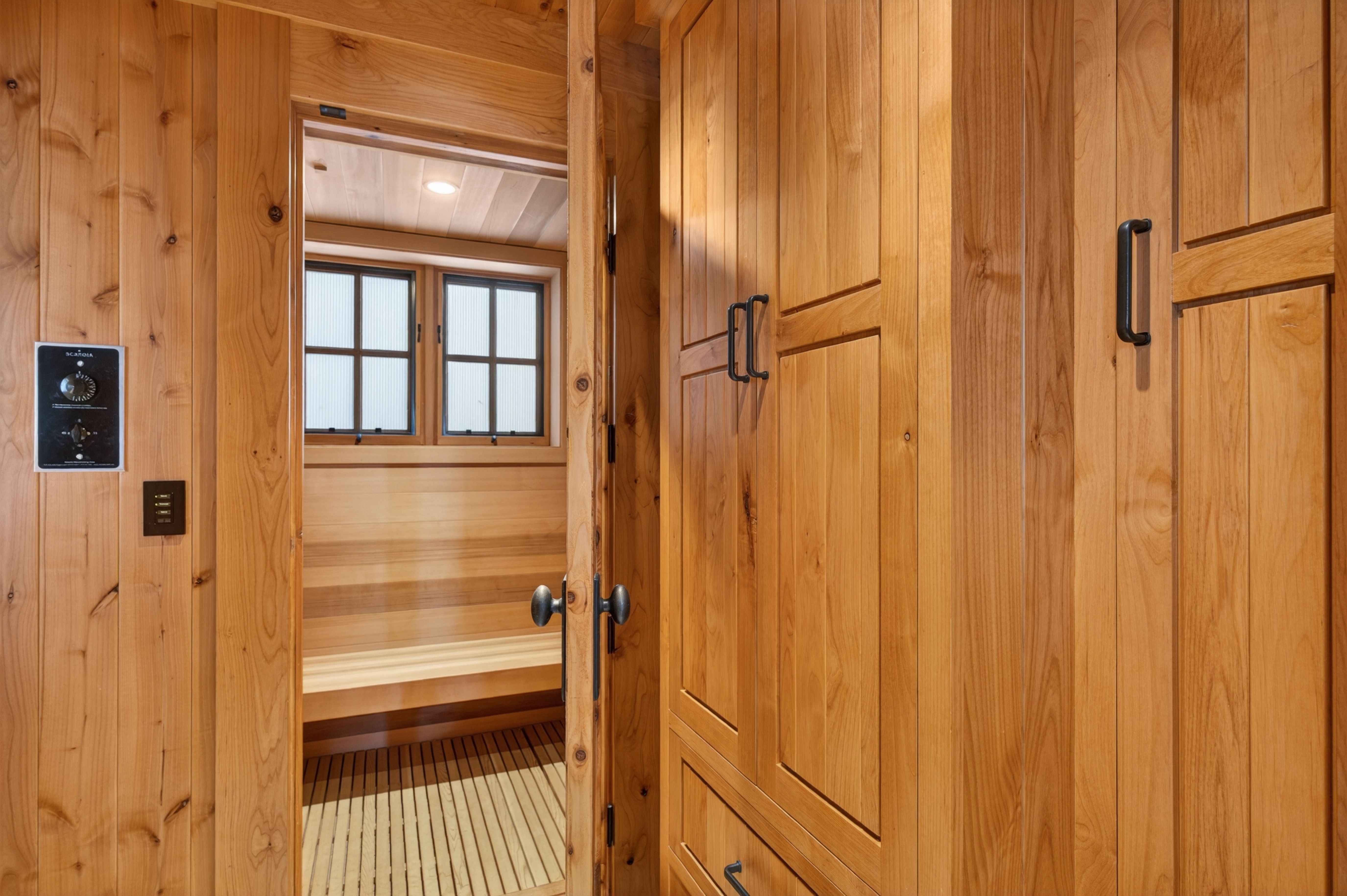 This interior view showcases a custom sauna room featuring warm, natural wood paneling, slat-style flooring, and built-in benches. An open door provides a view into this inviting wellness space, which is flanked by sturdy, high-quality wooden cabinetry with matching iron hardware. The overall atmosphere is reminiscent of a high-end spa, emphasizing craftsmanship and a cozy, rustic aesthetic.