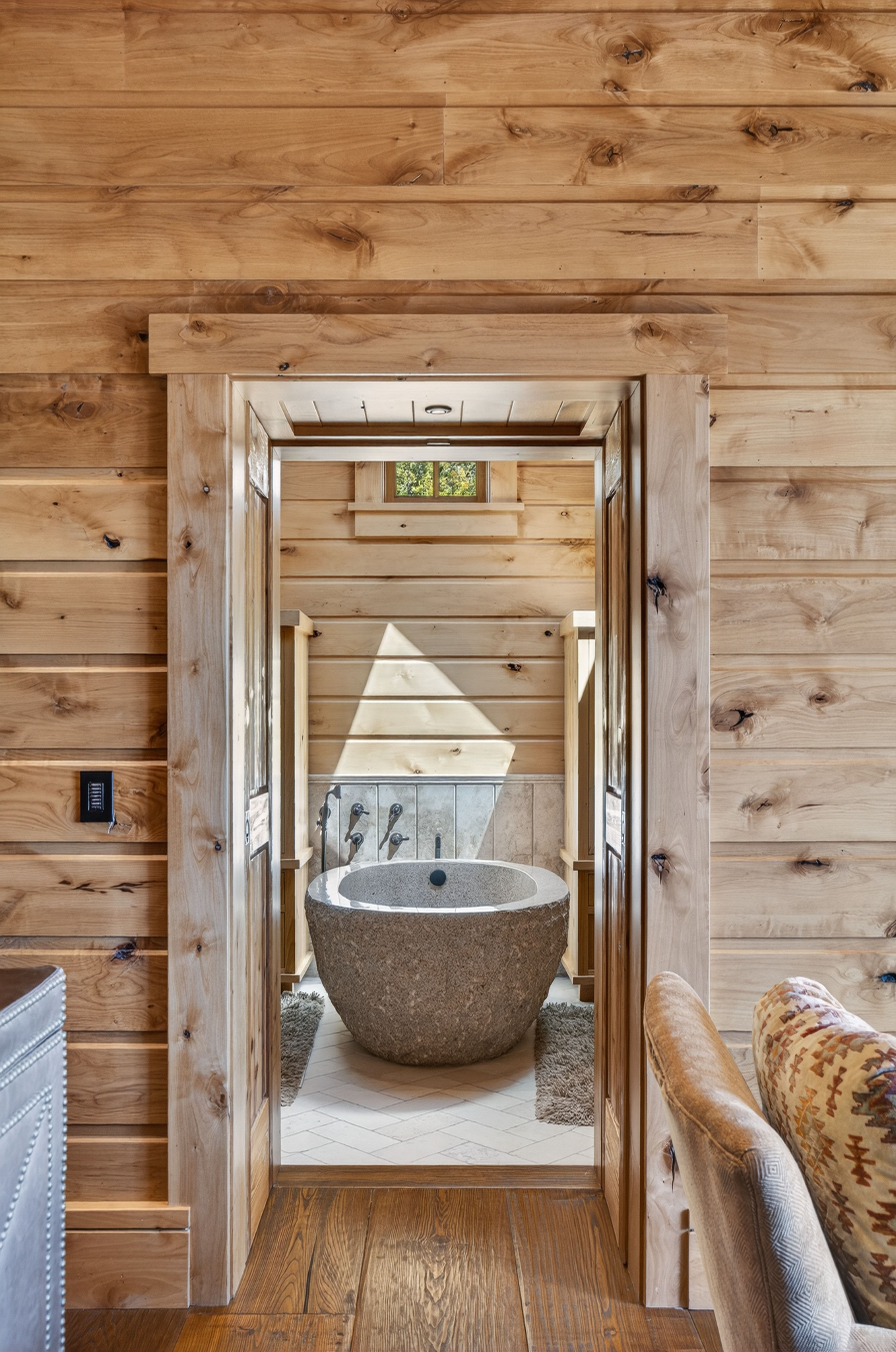 This image features a rustic-style bathroom entrance framed by natural wood paneling and trim, leading to a stunning stone soaking tub as the focal point. The space exudes a serene, high-end mountain lodge aesthetic, highlighting unique textures in the masonry and woodwork. A small high window allows for natural lighting to accentuate the organic design of the bathroom.