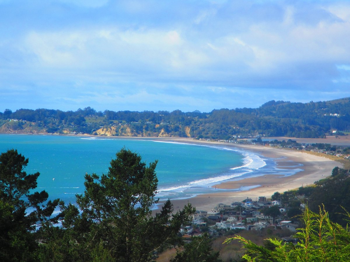 This scenic landscape photograph features a wide, panoramic view of a coastal beach town nestled between a lush, forested cliffside and a vibrant turquoise ocean. The image captures the serene beauty of the coastline, highlighting proximity to nature and waterfront living, which are highly desirable features for property buyers seeking a coastal lifestyle.