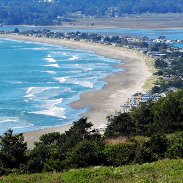 This stunning aerial view captures a scenic coastal landscape, showcasing a long, pristine sand beach stretching alongside a residential community. The image highlights the prime waterfront location, emphasizing the natural beauty of the shoreline meeting the rolling waves and the integrated nature of the homes within the coastal environment.