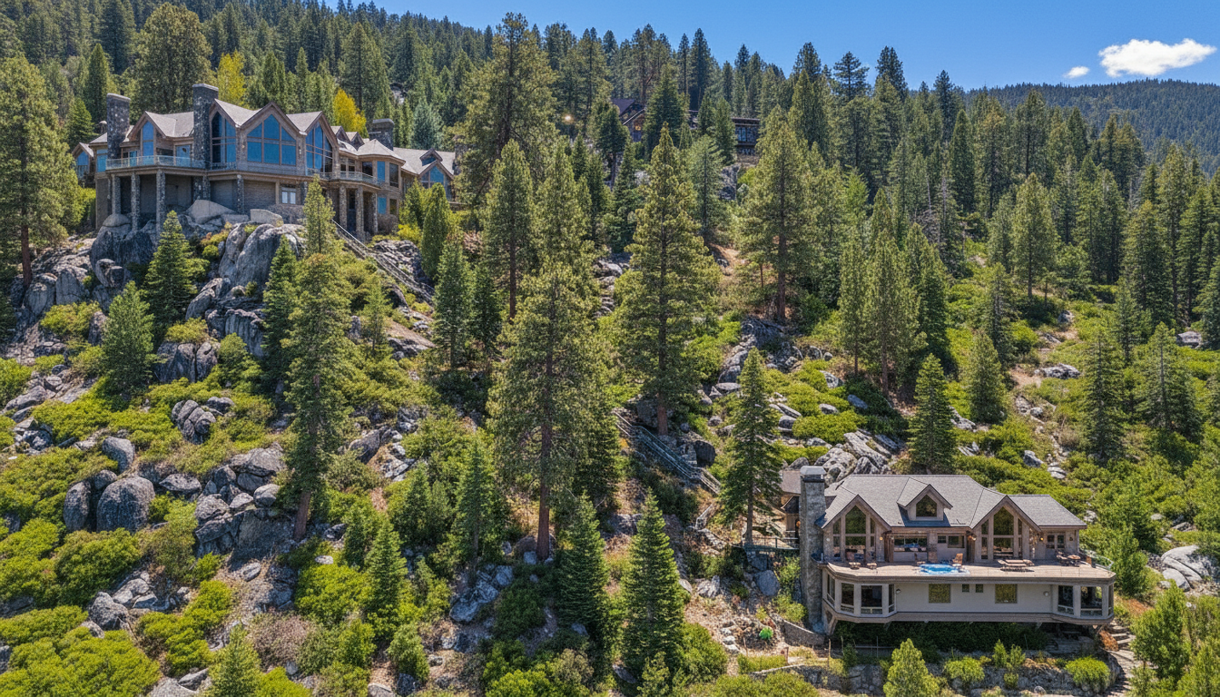 This aerial view showcases a luxurious mountain home nestled amongst tall evergreen trees and rocky terrain. The property features multiple levels, spacious balconies, and expansive windows, offering stunning views of the surrounding natural landscape. A second grand house is visible further uphill. 