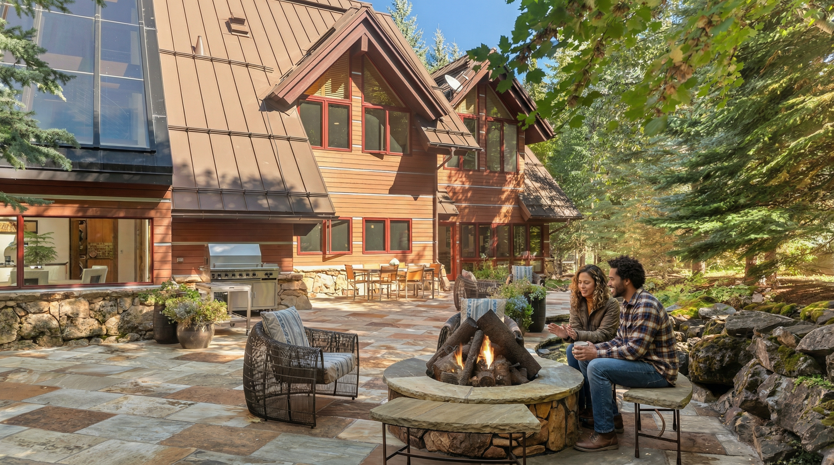This image showcases a stunning patio area of a luxury home. A couple enjoys the warmth of a stone fire pit surrounded by comfortable seating. The well-maintained patio features a stone surface, seamlessly blending with the home's exterior and the surrounding natural landscape, suggesting an inviting outdoor living space.