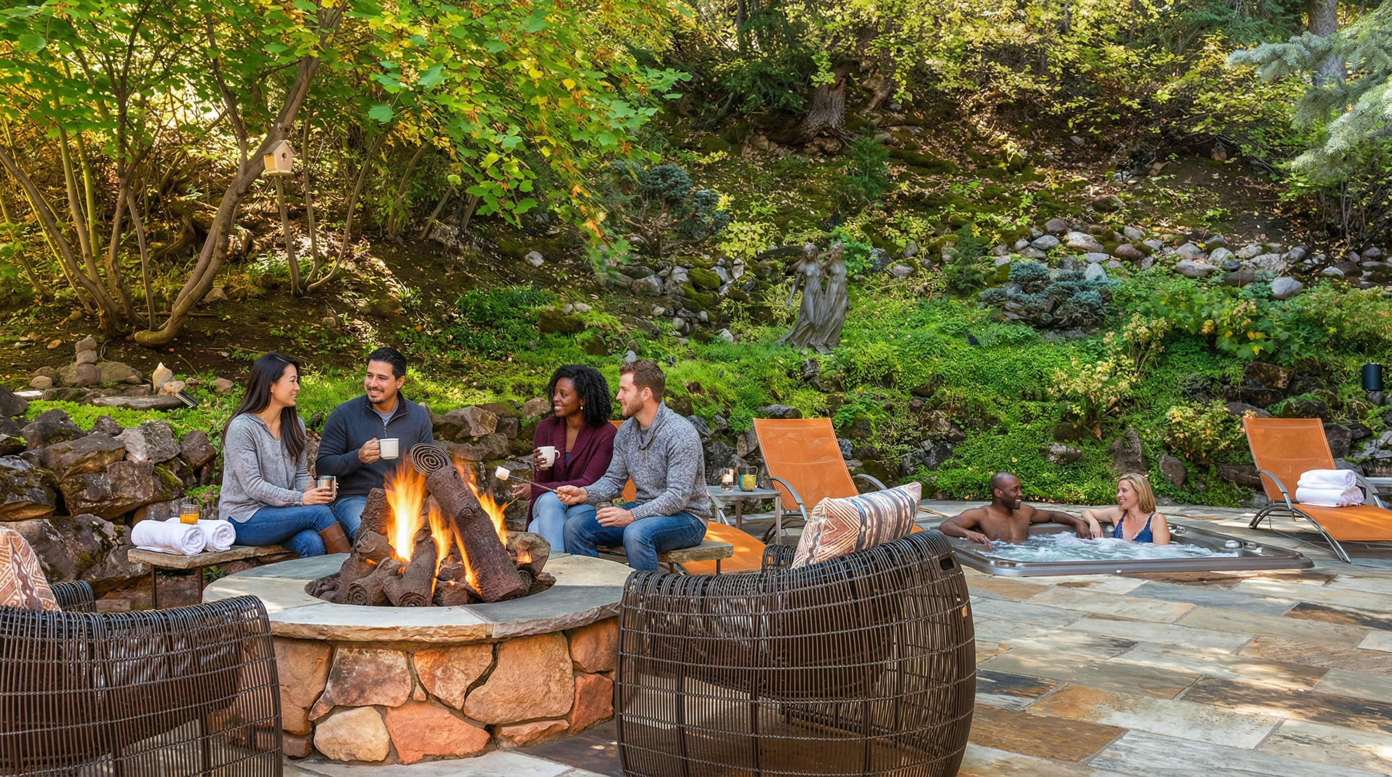 This inviting outdoor patio features a stone fire pit surrounded by wicker chairs, perfect for entertaining. The space is landscaped with lush greenery and includes a hot tub area with lounge chairs, creating a relaxed and luxurious atmosphere. Stone pavers add to the rustic charm and elegance of the patio.