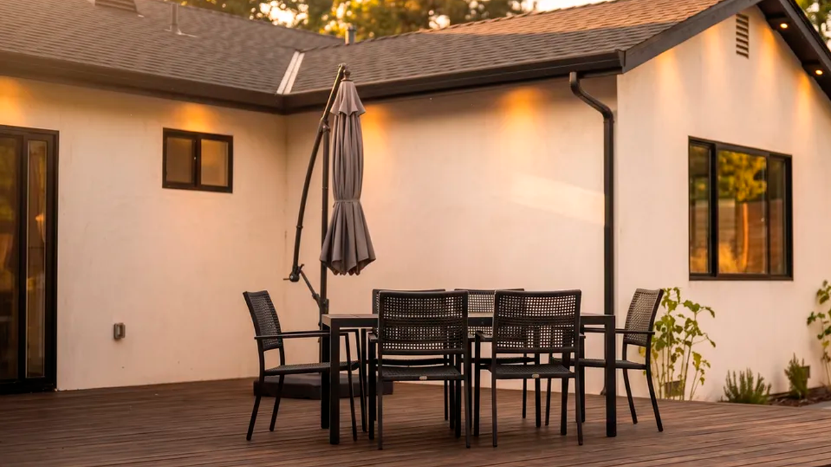 This rear exterior view showcases a modern, white-stucco home with a spacious paved patio and a tiered landscape design. The backyard features a vibrant green lawn, a set of wide wooden steps with white gravel accents, and a red mulch garden bed, all framed by a tall wooden privacy fence. The warm, golden-hour lighting enhances the inviting atmosphere of this well-maintained outdoor living space.