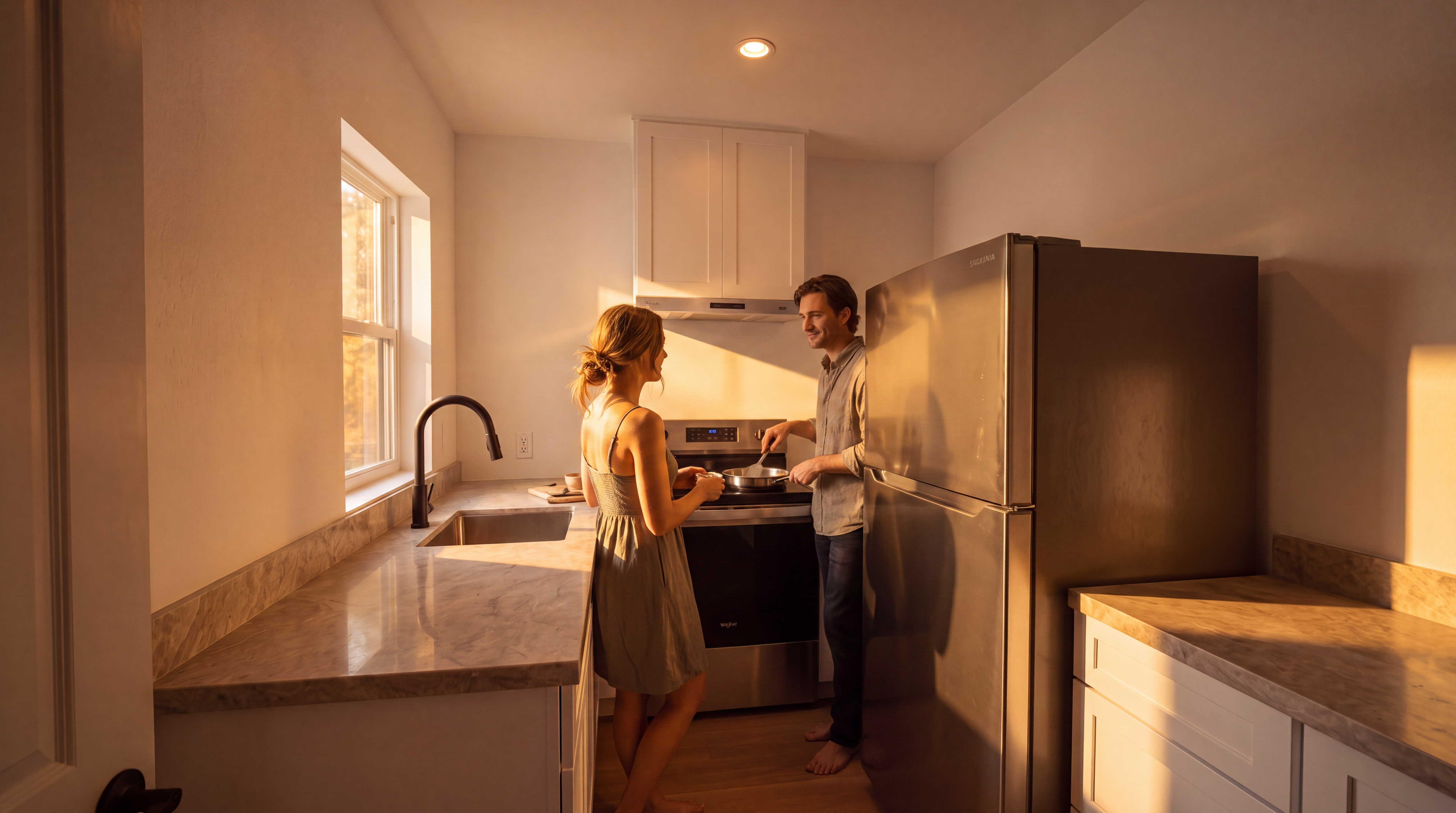 This compact, modern kitchen features clean white cabinetry paired with light-toned stone-look countertops and a stainless steel refrigerator and range. A sleek black gooseneck faucet complements the undermount sink, while light wood-style flooring adds warmth to the space. The perspective is a straight-on view of the galley-style layout, highlighting the efficient use of space and contemporary finishes.