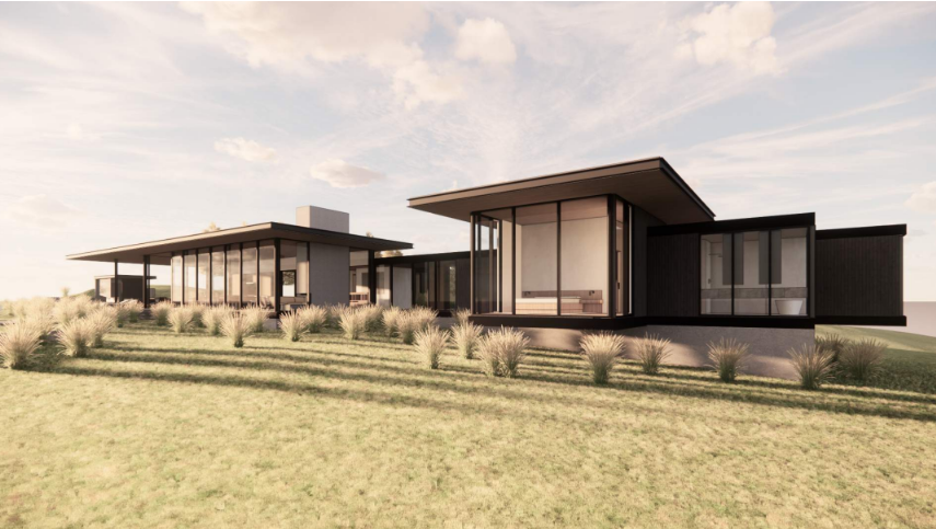 This stunning contemporary residence features a sleek, low-profile design with extensive floor-to-ceiling glass walls that seamlessly blur the lines between indoor and outdoor living. The architectural style emphasizes clean horizontal lines, minimalist structural elements, and a sophisticated integration into the rolling landscape. The peaceful, natural aesthetic makes this property an ideal private retreat for those who appreciate modern luxury and architectural elegance.