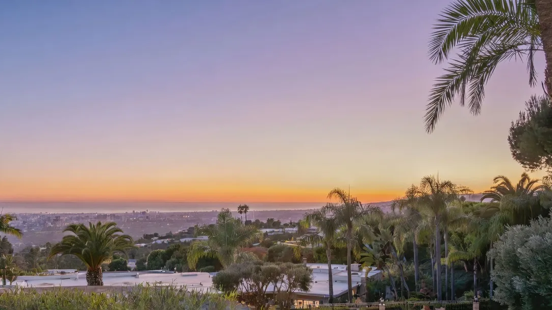 This stunning view showcases the rear side of a residential property at dusk, overlooking a vast cityscape that stretches towards the distant ocean horizon. Lush palm trees and mature landscaping frame the scene, emphasizing the elevated location and serene atmosphere. It highlights a premium, expansive outlook that serves as a major selling point for the home's architecture and setting.