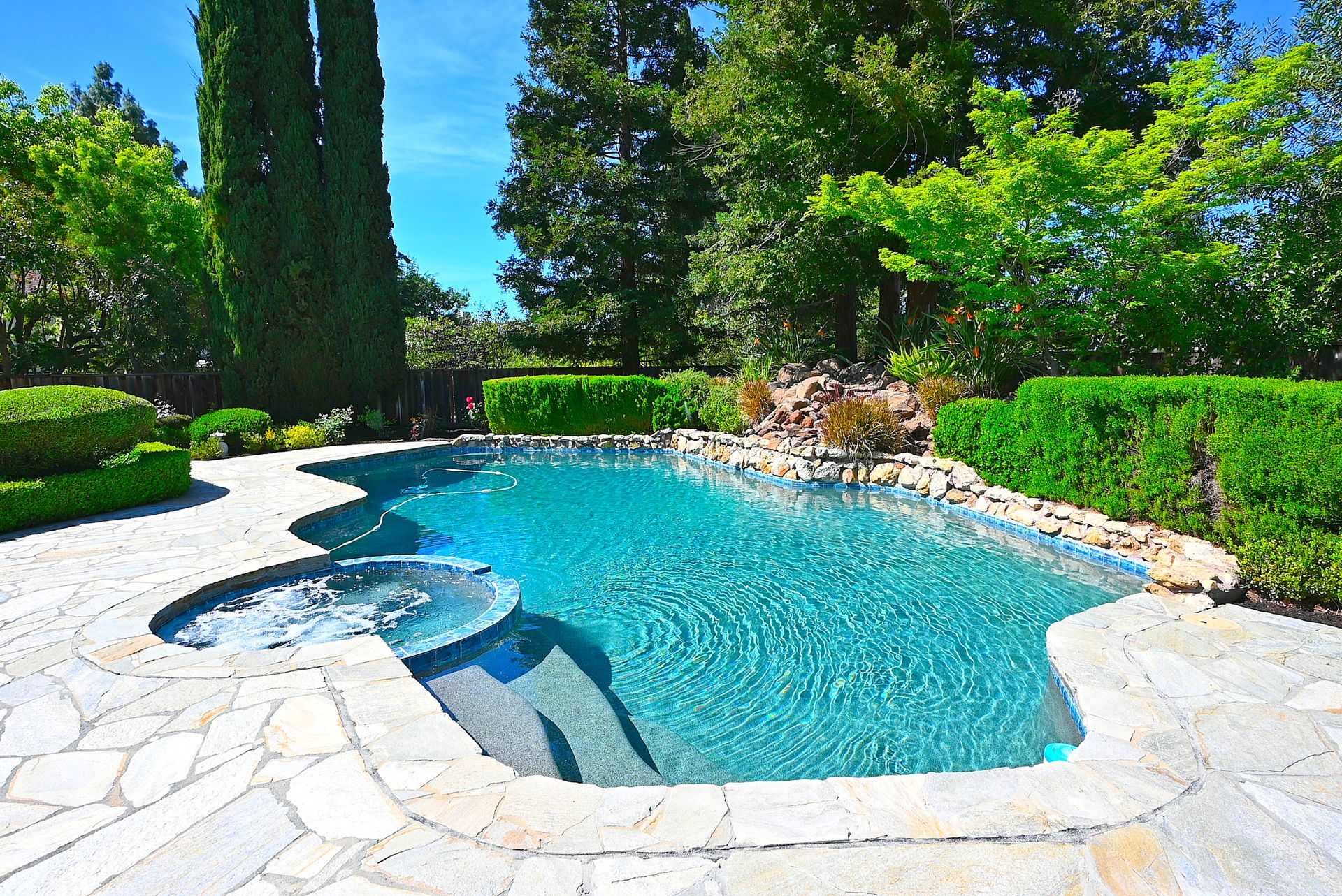This stunning backyard oasis features a custom-shaped swimming pool integrated with an elevated, bubbling spa. The area is surrounded by beautiful flagstone decking, lush sculpted hedges, and a naturalistic rock waterfall feature, creating a serene and private atmosphere perfect for outdoor recreation.