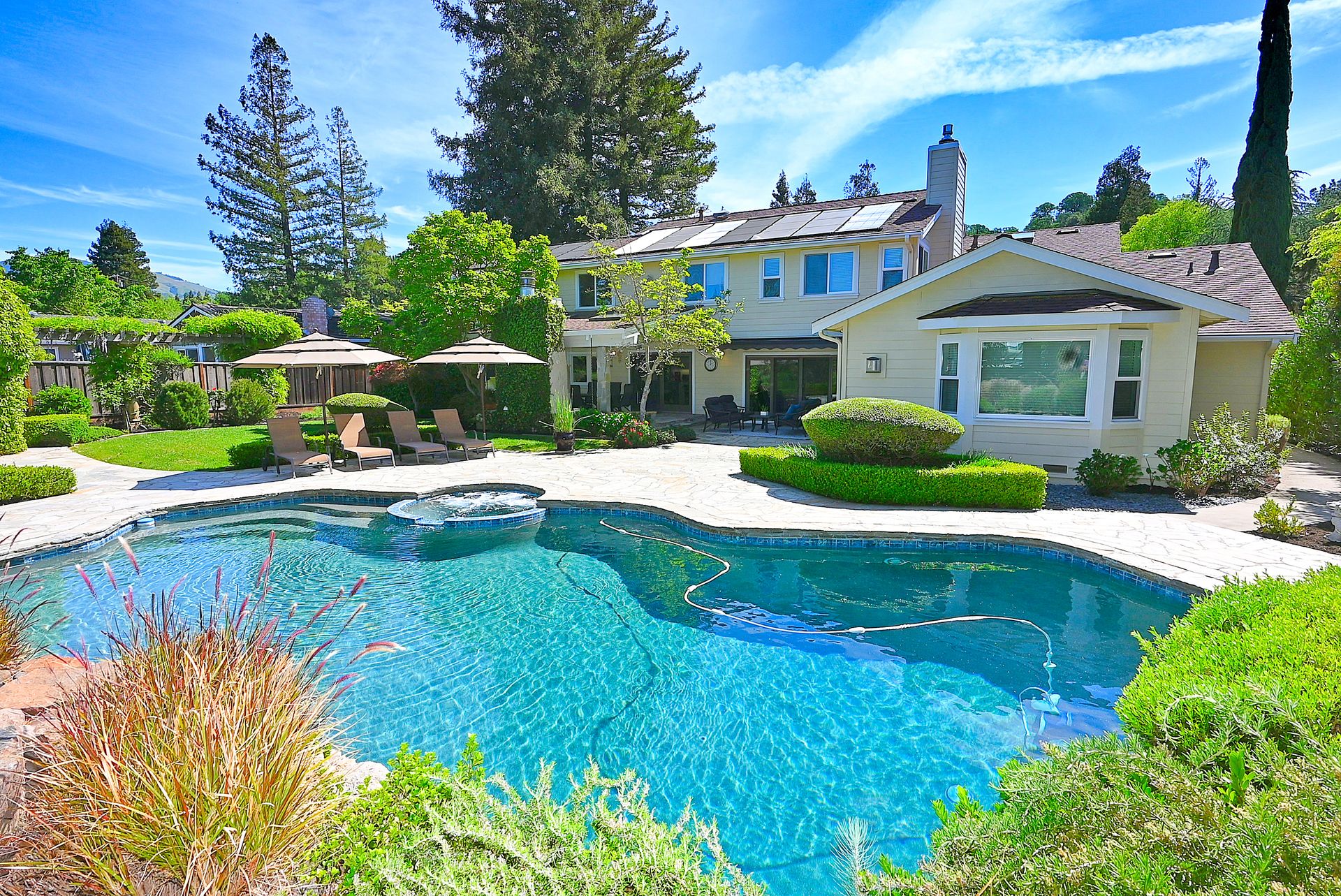 This scenic backyard features a large, custom-shaped swimming pool integrated with an elevated spillover spa. The spacious stone-pavered deck includes lounge chairs under umbrellas, complemented by neatly manicured landscaping and a backdrop of tall trees against a bright blue sky. The home displays a welcoming rear exterior with solar panels on the roof, offering an inviting and tranquil setting for outdoor relaxation.