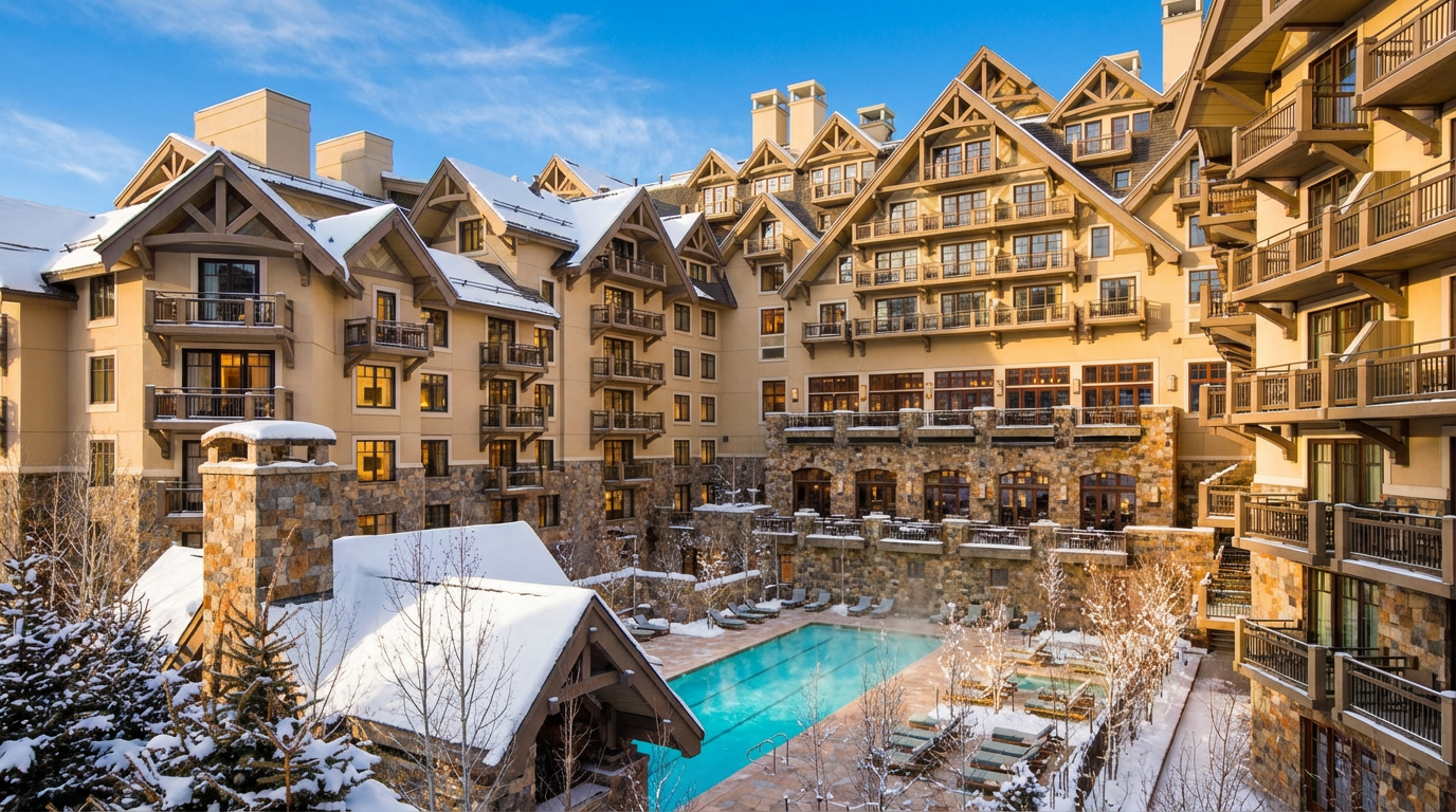 This image showcases a luxurious outdoor pool and spa area in a snowy, resort-like setting. The pool features clear blue water, surrounded by lounge chairs and snowy landscaping. The backdrop is an impressive multi-story building with numerous balconies, suggesting a high-end residential or vacation property.