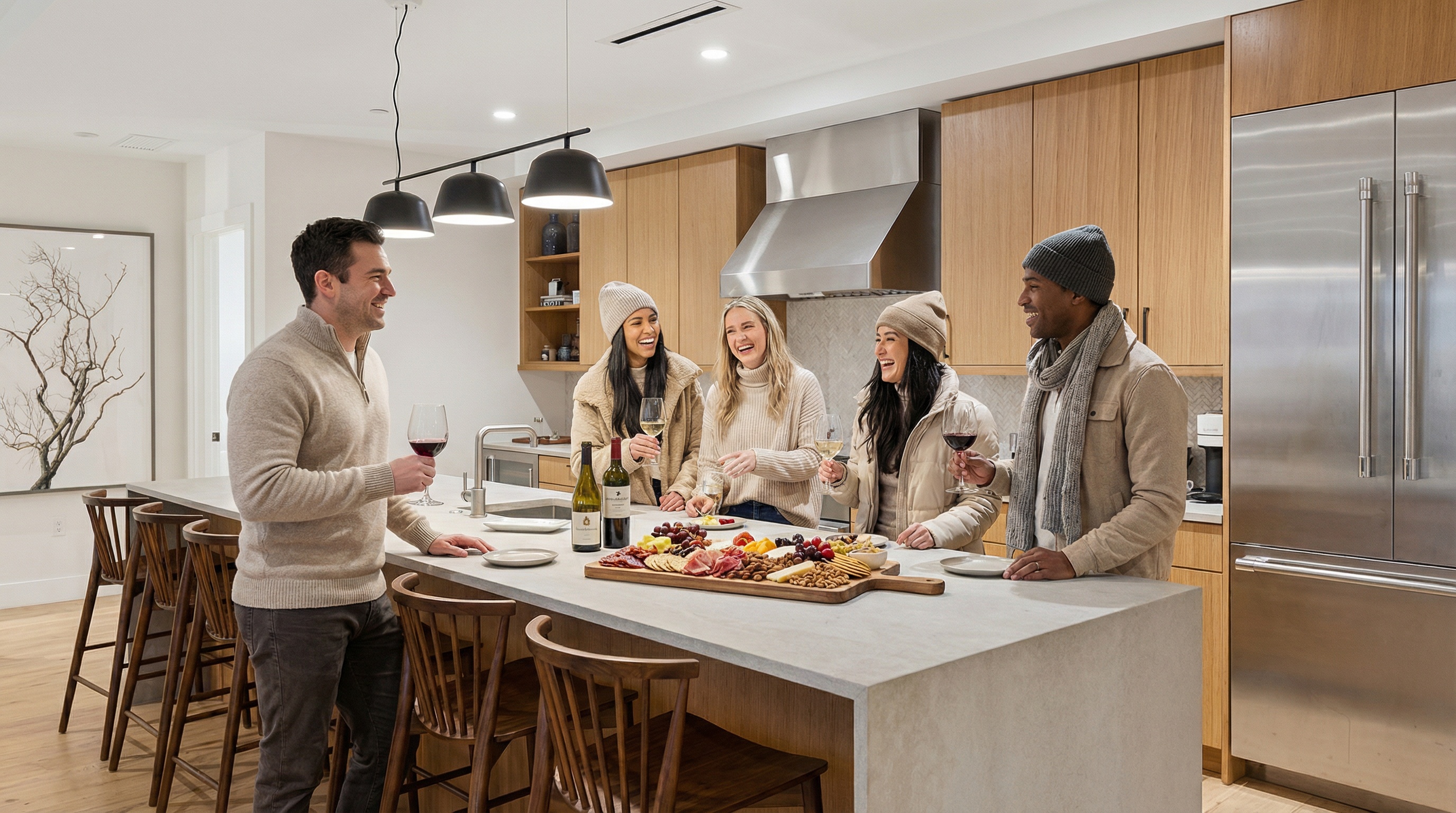 This is a contemporary kitchen featuring light wood cabinetry and stainless steel appliances, including a large refrigerator. A central island with a light-colored countertop serves as a gathering space, with barstool seating and a large charcuterie board. The kitchen is well-lit and designed for entertaining.