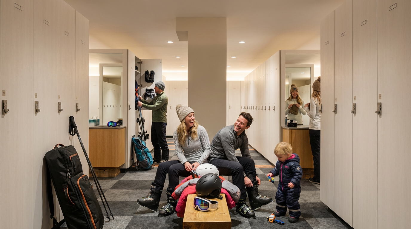 A family is in a ski lodge changing room with rows of lockers along the walls. The room is brightly lit with a modern, clean design featuring a checkered floor. Skis and equipment are scattered around, indicating its intended use for preparing for or returning from skiing.