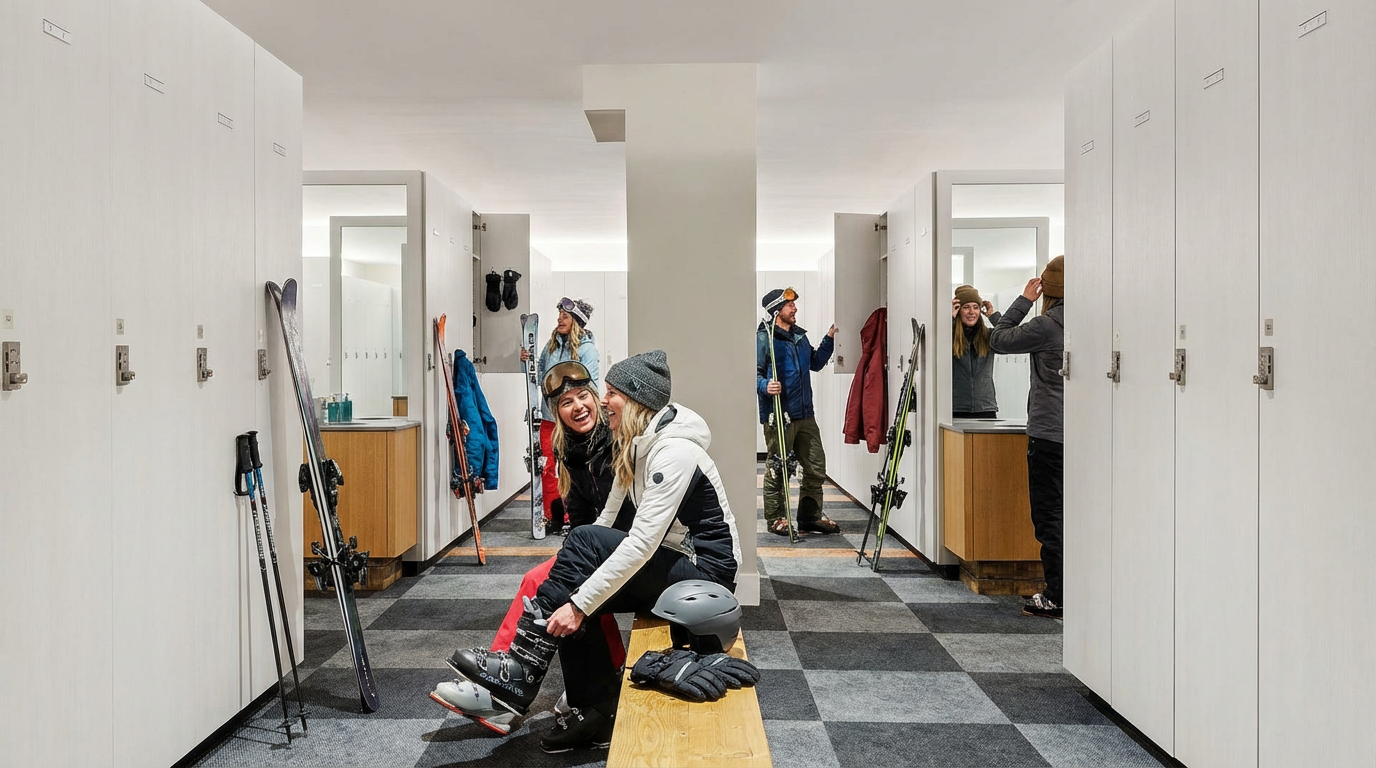 This appears to be a ski locker room or hallway filled with lockers on either side. Several people are present, some sitting and others using the lockers, surrounded by their skiing gear. The space features a checkered floor and multiple entryways or connecting corridors which adds to the rooms dimension.