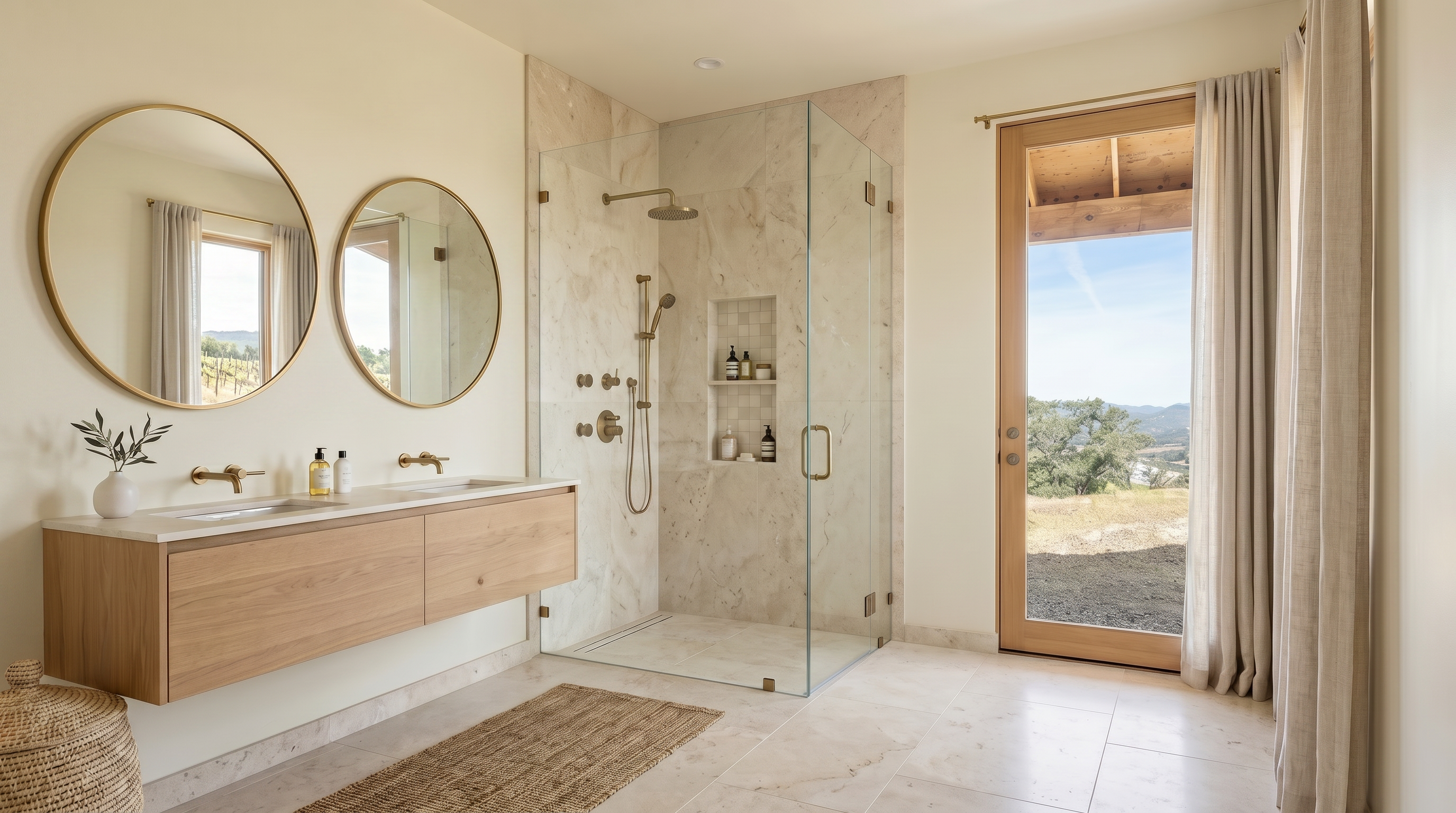 This luxurious primary bathroom features a floating natural wood double vanity topped with quartz, dual circular mirrors, and elegant brass fixtures. The walk-in shower is encased in glass with sophisticated stone tile work and integrated recessed shelving. A large glass door opens to a scenic outdoor landscape, creating a bright, organic, and serene atmosphere that emphasizes a seamless connection between indoor and outdoor living.