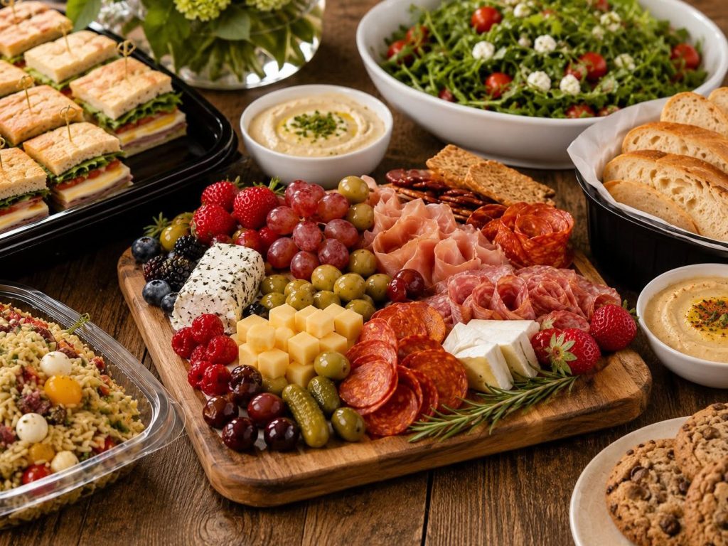 This image showcases an elaborate catering or entertaining spread featuring a wooden charcuterie board at the center, surrounded by various side dishes such as sandwiches, fresh salads, a bowl of hummus, artisan bread, and cookies. The arrangement is professional and appetizing, suggesting high-quality meal preparation suitable for hosted events or gatherings. The rustic wooden table backdrop and organized presentation highlight the appeal of the food items as a key lifestyle component of a well-appointed home.