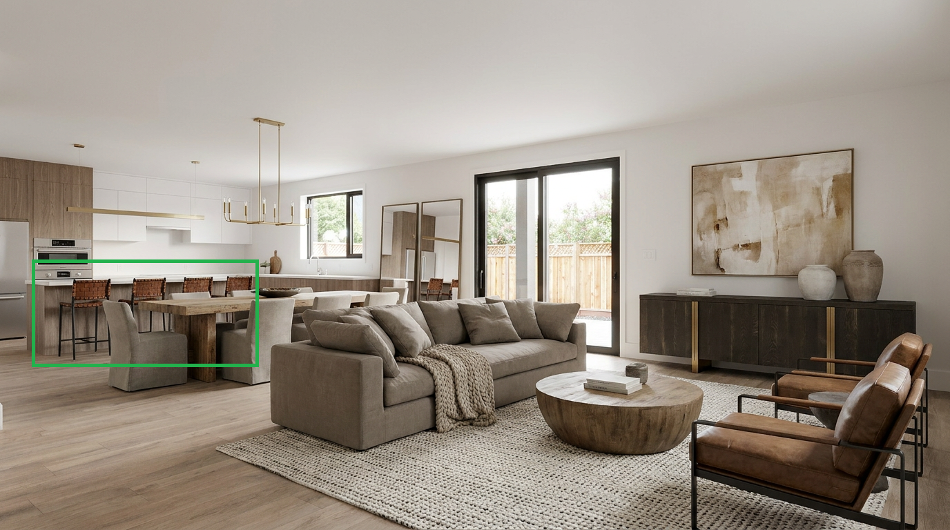 This open-concept layout seamlessly blends a sleek, modern kitchen with a spacious living and dining area. The kitchen features wood-toned cabinetry, stainless steel appliances, and a functional island with integrated seating, while the adjacent wood dining table and upholstered chairs create a cohesive, inviting aesthetic perfect for entertaining.