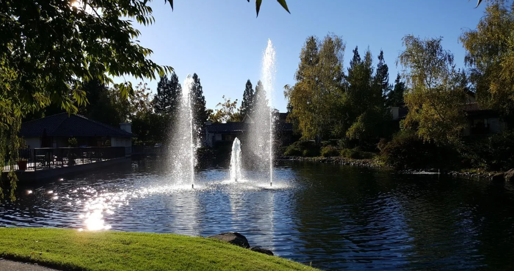 This image features a scenic community pond accented by three elegant, vertical water fountains. A well-manicured grassy lawn in the foreground and a clubhouse with a deck in the background contribute to a peaceful, attractive setting for residents to enjoy.