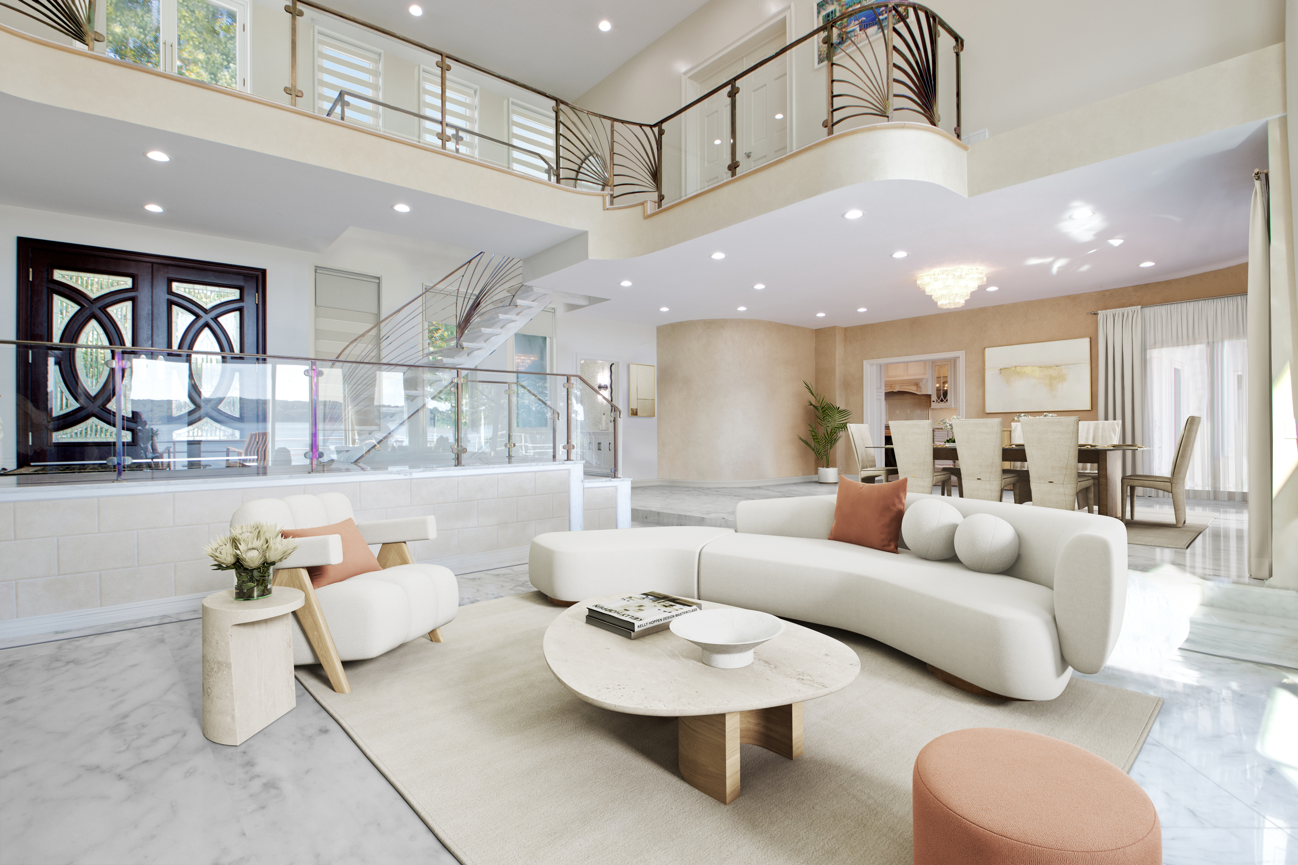 This expansive, high-ceilinged living room features a sophisticated open-concept design with a curved white sofa, a modern stone coffee table, and a plush area rug. The space is highlighted by a grand staircase with intricate metal railings, marble flooring, and a seamless transition into a formal dining area. The bright, airy atmosphere is enhanced by recessed lighting and large windows, creating a luxurious and welcoming environment.
