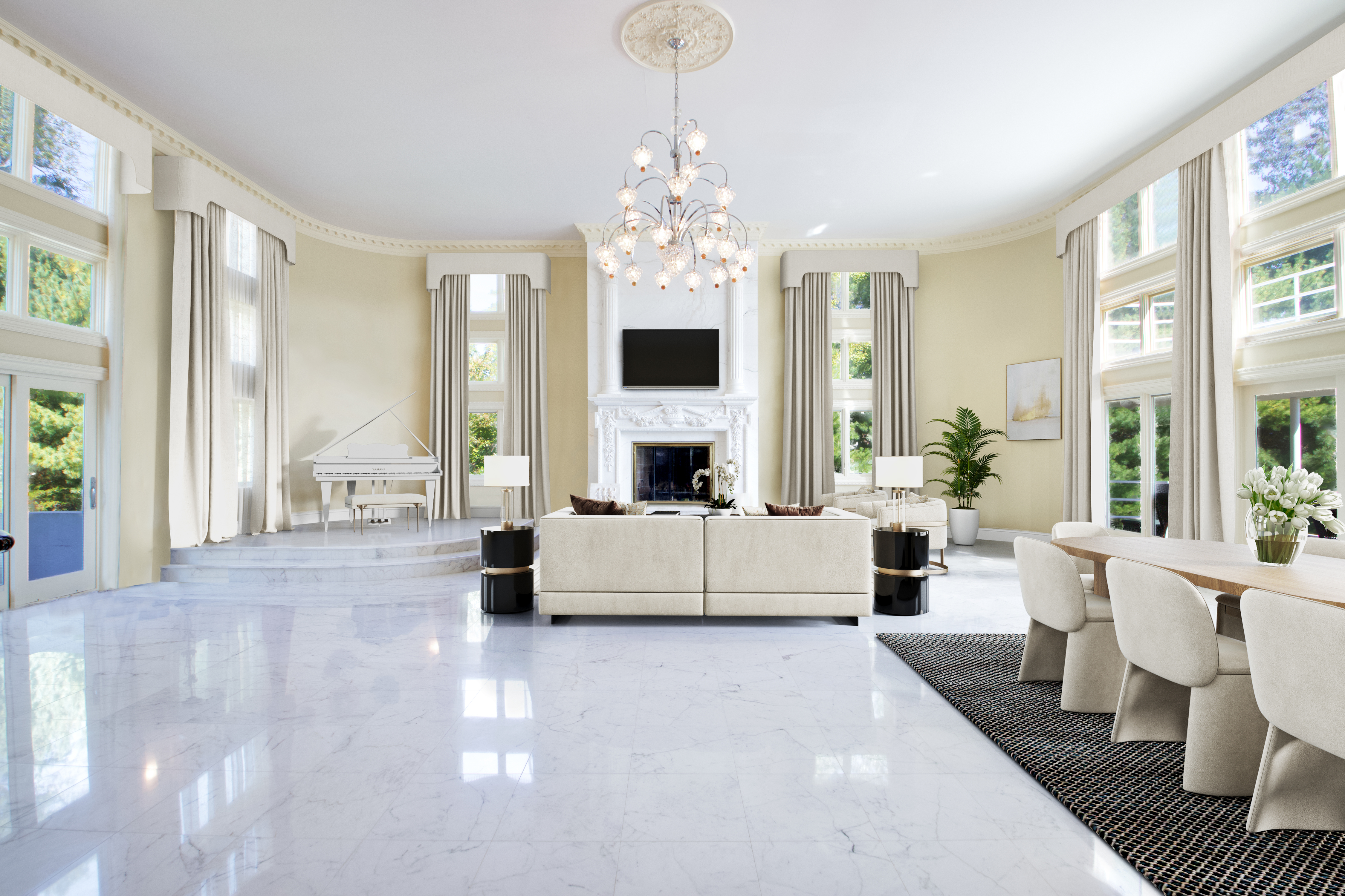 This expansive, open-concept living area features a sophisticated blend of neoclassical architecture and modern luxury, highlighted by polished marble floors and a grand crystal chandelier. The room is anchored by a central fireplace with a mounted television, flanked by floor-to-ceiling windows draped in elegant curtains, and includes a dedicated space for a white grand piano. The perspective is wide and symmetrical, showcasing a seamless transition between the formal seating area and the adjacent dining space, creating an atmosphere of refined opulence.