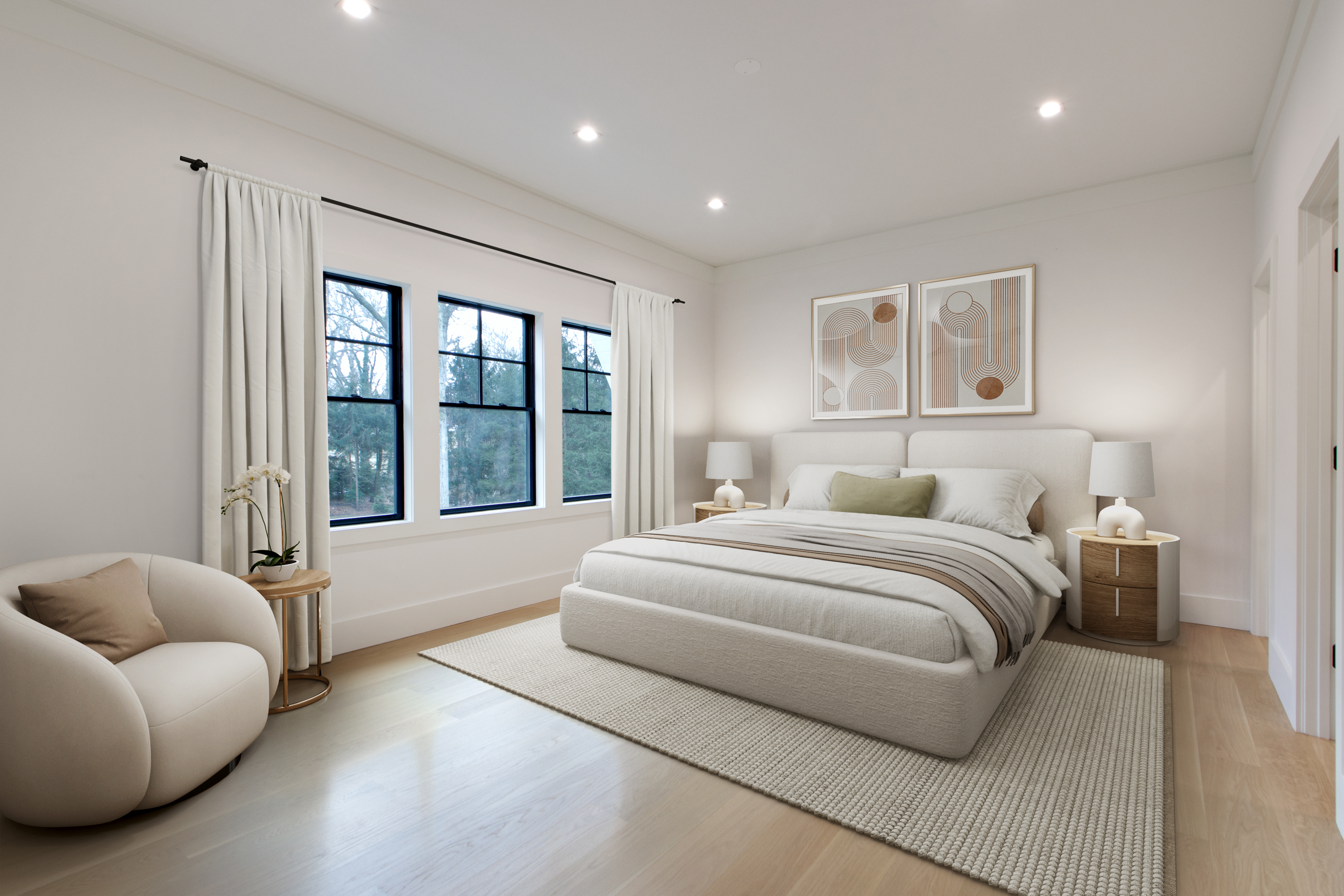 This serene primary bedroom features a neutral color palette, a plush upholstered bed, and light hardwood flooring, creating a calm and sophisticated atmosphere. Large windows with black frames allow natural light to flood the space, while modern art pieces and minimalist bedside lamps add a touch of contemporary elegance. The room is thoughtfully staged with a cozy accent chair and a textured area rug, emphasizing a luxurious and inviting retreat.