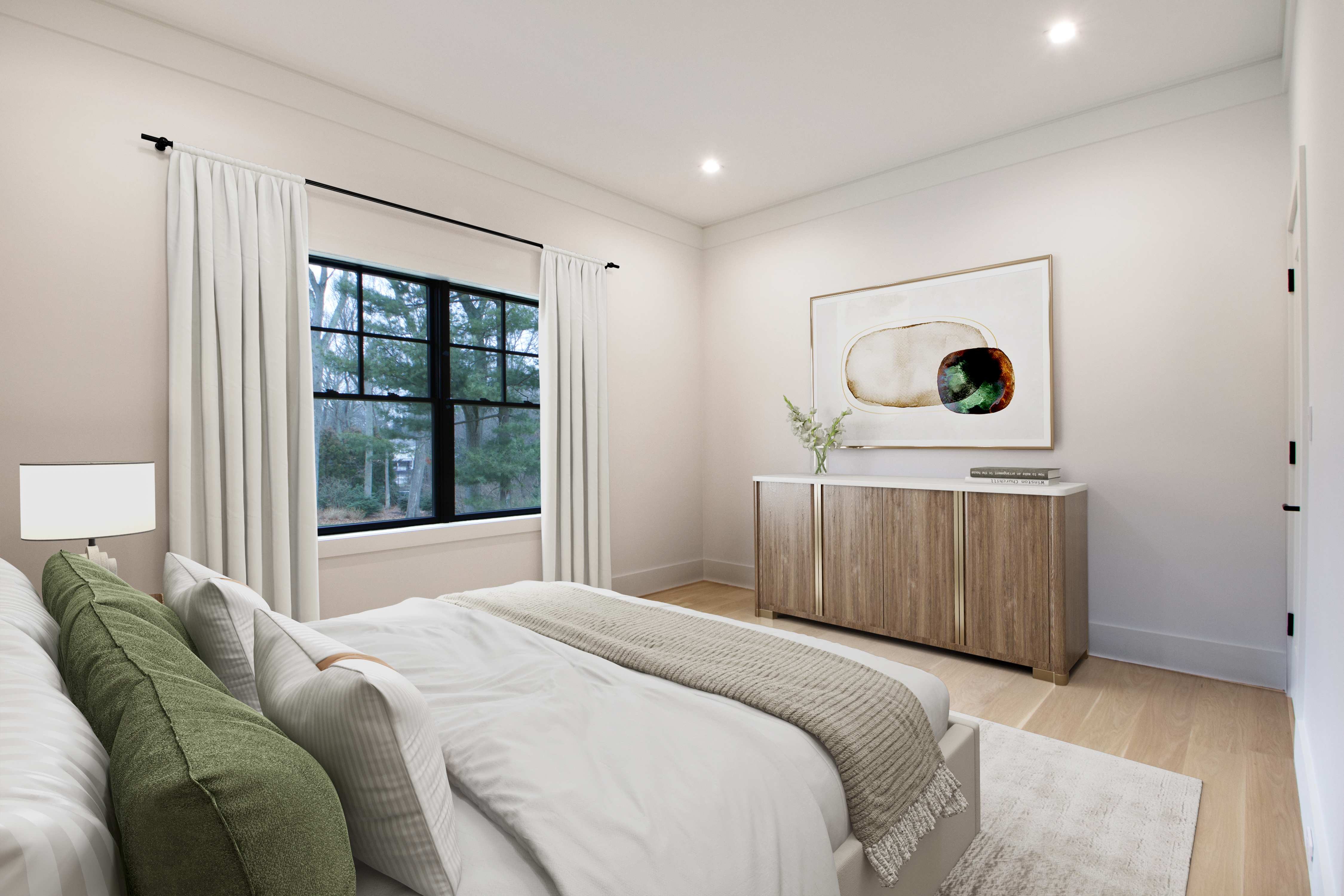 This serene bedroom features a neutral color palette with soft green accents, creating a calm and inviting atmosphere. The room is furnished with a comfortable bed, a modern wooden dresser topped with a decorative vase, and a large piece of abstract wall art. A window with elegant white curtains allows natural light to fill the space, highlighting the light hardwood flooring and clean, minimalist aesthetic.