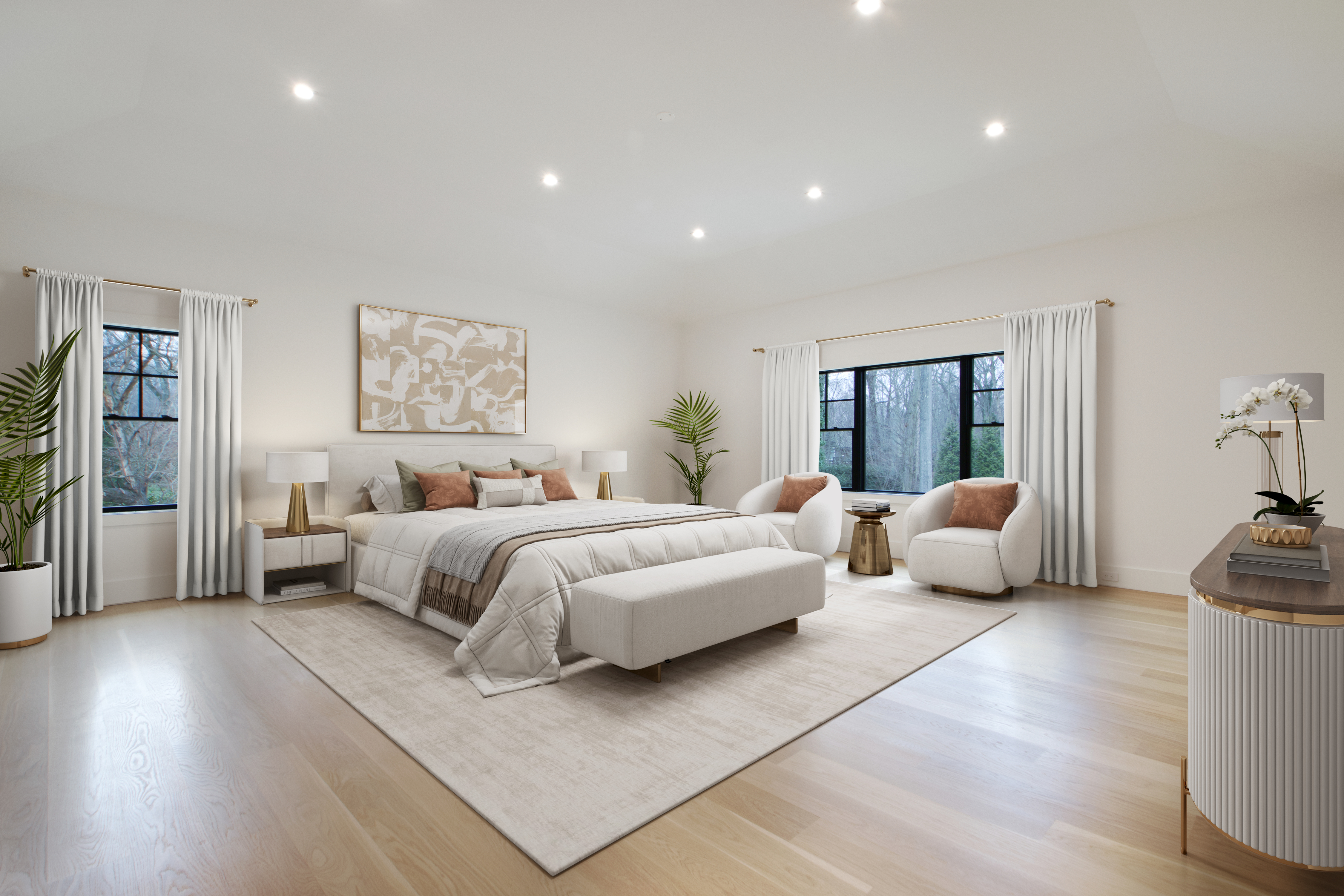 This spacious primary bedroom features a neutral color palette with warm wood flooring and elegant, modern furnishings. A plush king-sized bed serves as the focal point, complemented by two cozy armchairs near a large window that invites natural light. The room is accented with tasteful decor, including abstract wall art and indoor plants, creating a serene and sophisticated atmosphere.