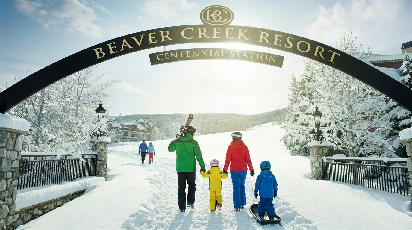 This image showcases an entryway to Beaver Creek Resort during winter. A family walks beneath the "Beaver Creek Resort Centennial Station" sign, emphasizing the resort's family-friendly atmosphere. Snow-covered trees and mountains create a picturesque backdrop, suggesting a serene and luxurious experience.