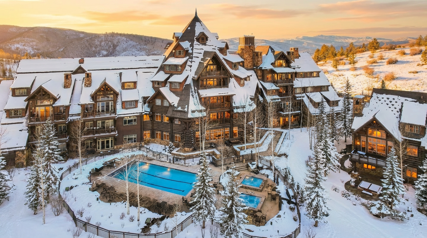 This aerial view captures a luxurious mountain lodge with snow-covered roofs, showcasing its impressive architecture and picturesque setting. A blue swimming pool and nearby hot tubs offer recreational amenities. The surrounding landscape is a mix of snow-covered terrain and trees, providing a serene and secluded environment.