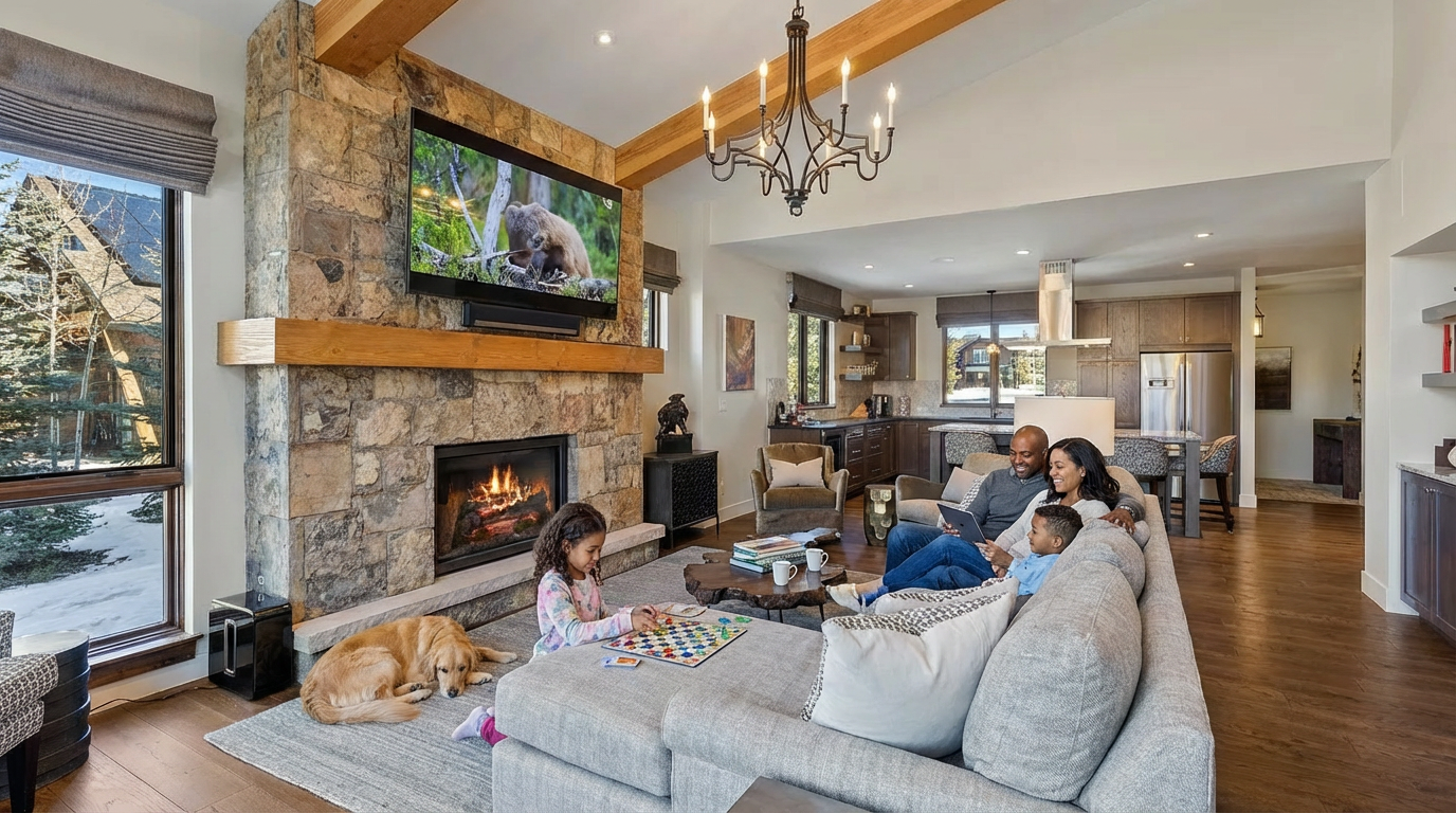 This is a beautifully designed living room featuring a stone fireplace with a wooden mantel and a flat-screen TV above. A comfortable gray sectional sofa provides ample seating for the family. The open floor plan seamlessly connects the living room to the kitchen, creating a warm and inviting space for relaxation and entertainment.