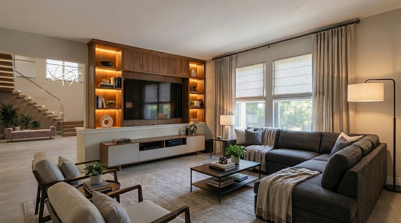 This is a well-decorated living room with a large sectional sofa, a built-in entertainment center featuring illuminated shelving, and a modern coffee table. The room benefits from natural light through large windows and is styled with neutral tones creating a warm and inviting atmosphere. The open floor plan connects seamlessly to the staircase, enhancing the sense of spaciousness.