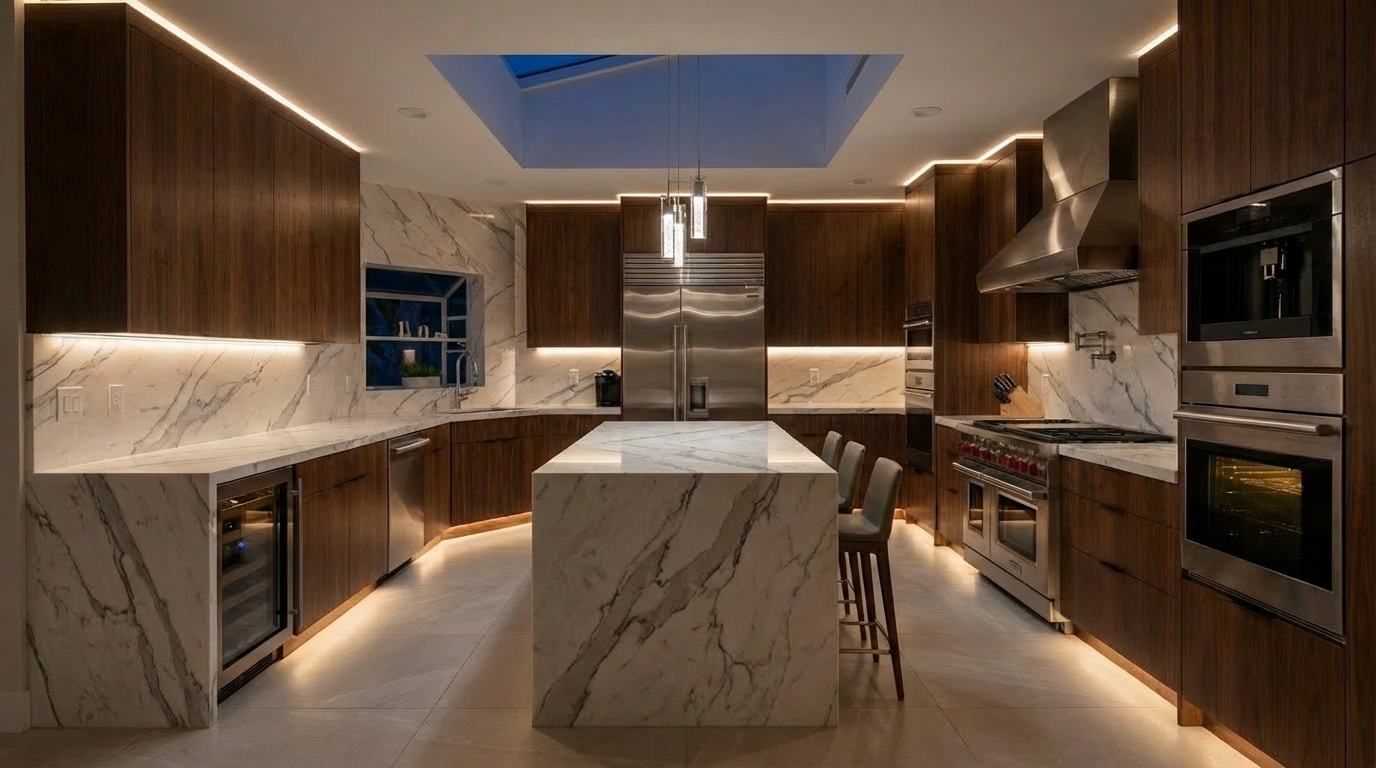 This is a modern kitchen with dark wood cabinetry, stainless steel appliances, and a large island with marble countertops. The kitchen features a skylight and recessed and strip lighting to illuminate the space, creating a warm and inviting atmosphere. The overall impression is luxurious and sleek.
