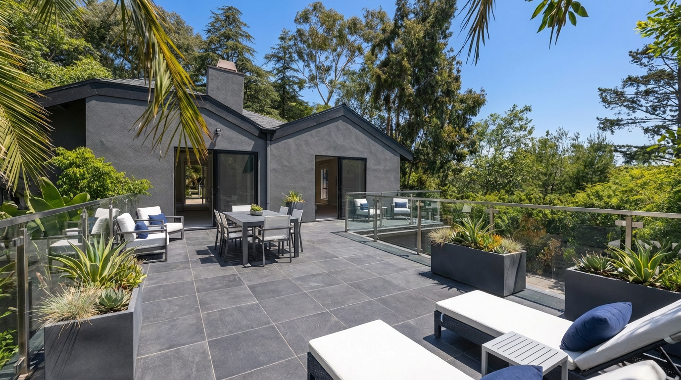 This image showcases a modern patio deck area with a dark gray tiled surface and a contemporary outdoor dining and seating arrangement. The deck features modern furniture, glass railings, and potted plants, creating a luxurious outdoor living space. The dark gray exterior of the house provides a sleek backdrop, while the surrounding greenery and blue sky offer a pleasant outdoor atmosphere.