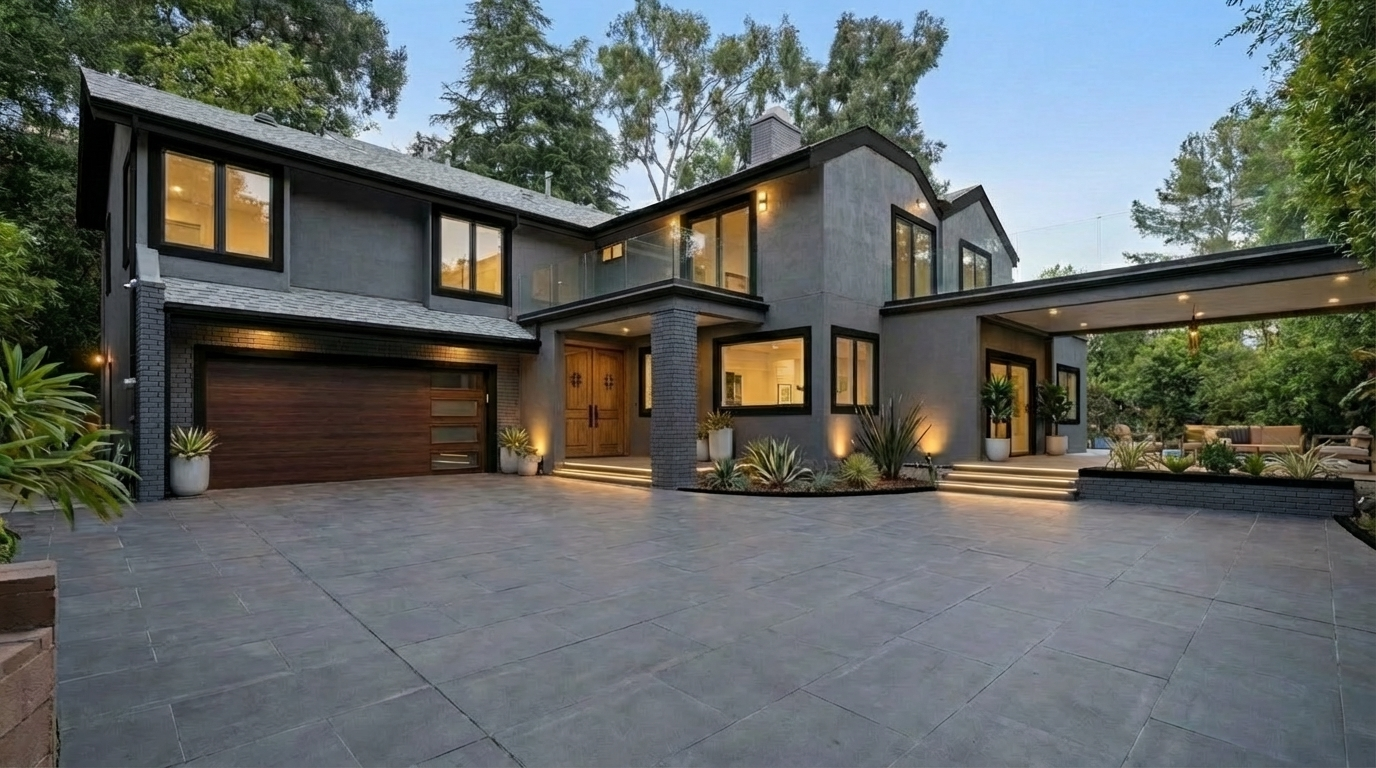 This is a front view of a modern two-story house. The exterior is painted in gray tones, with dark window frames and a wooden garage door adding contrast. The property features a well-manicured landscape with a driveway leading up to the garage and entryway.