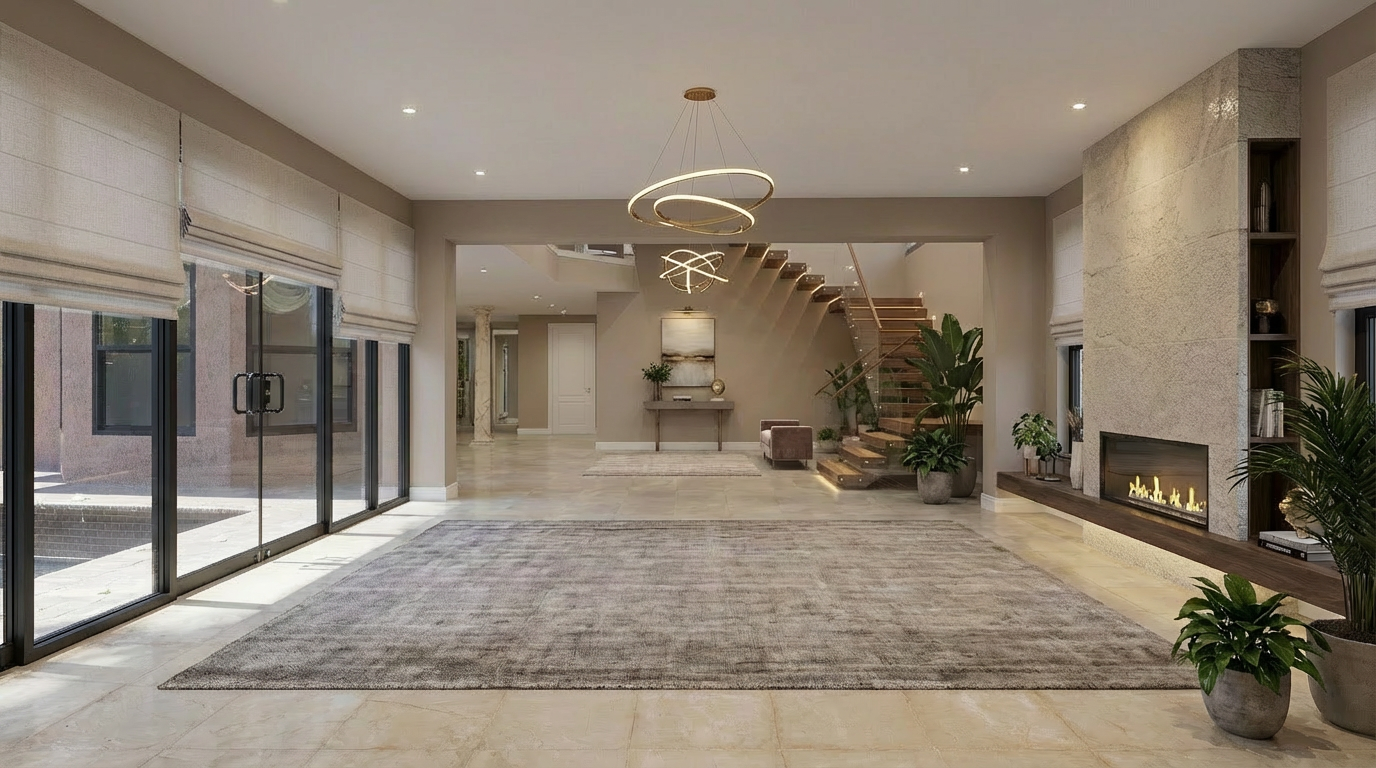 This is a spacious and luxurious living room with an open floor plan. Key features include a modern fireplace with built-in shelving, large sliding glass doors with natural light, and a contemporary lighting fixture. The room is elegantly furnished with a large area rug and indoor plants, creating a welcoming and sophisticated atmosphere.