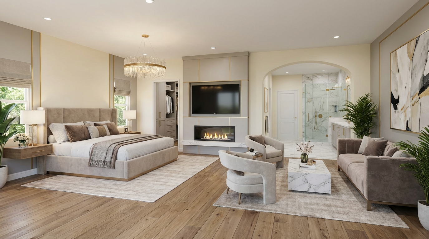This is a luxurious primary bedroom featuring a large bed with a padded headboard, a fireplace with a built-in television, and an archway leading to the primary bathroom. The room includes neutral color tones, hardwood flooring, and tasteful decor, creating a serene and upscale atmosphere. The presence of a walk-in closet adjacent to the bed enhances the functionality and appeal of the suite.