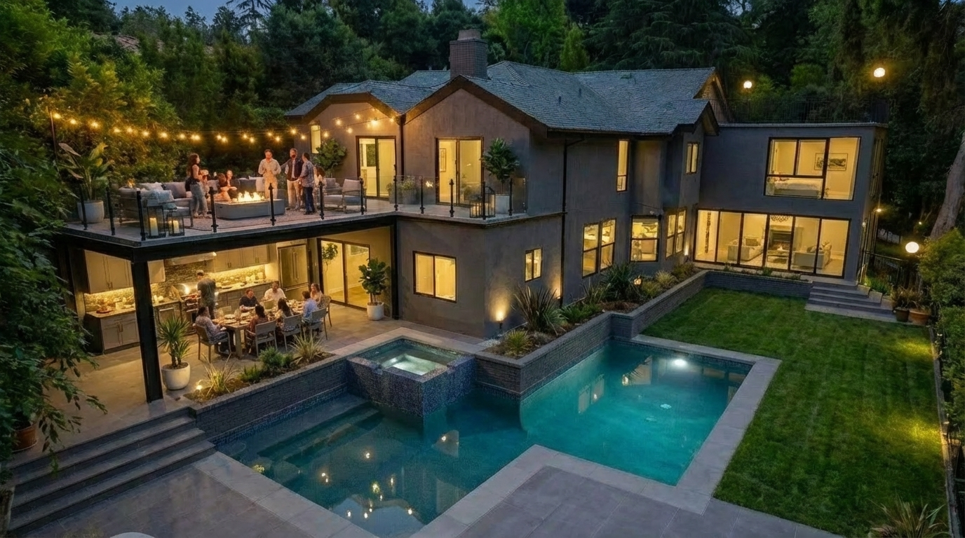 This image showcases the rear exterior of a modern luxury home. It features a multi-tiered outdoor living space with a deck, outdoor kitchen, and dining area, as well as a swimming pool and spa. The architecture includes expansive windows and clean lines, blending seamlessly with the well-maintained landscaping to create a sophisticated and inviting backyard environment.
