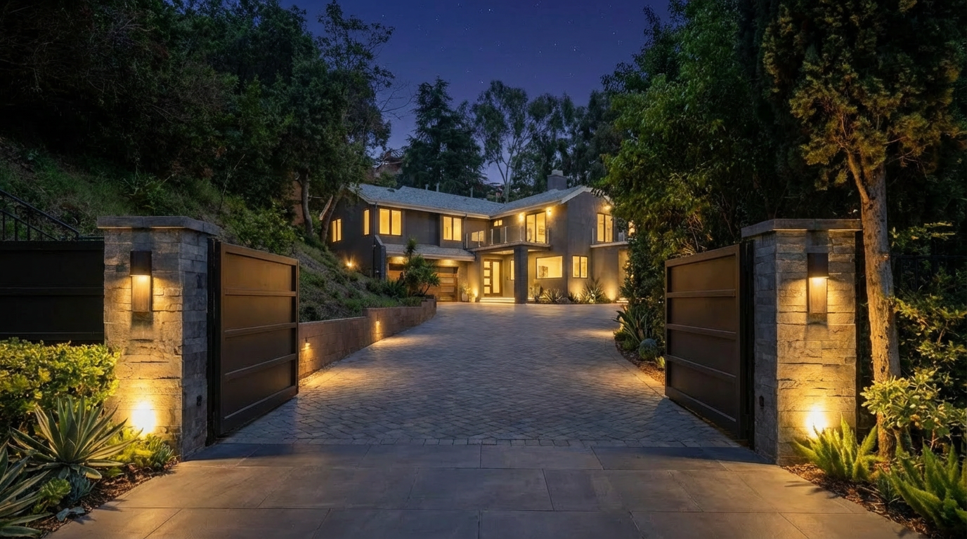 This image showcases the grand entryway to a modern home at night. A gated driveway, flanked by stone pillars with warm lighting, leads to the illuminated house. The landscaping is lush and well-maintained, creating an inviting and secure first impression.