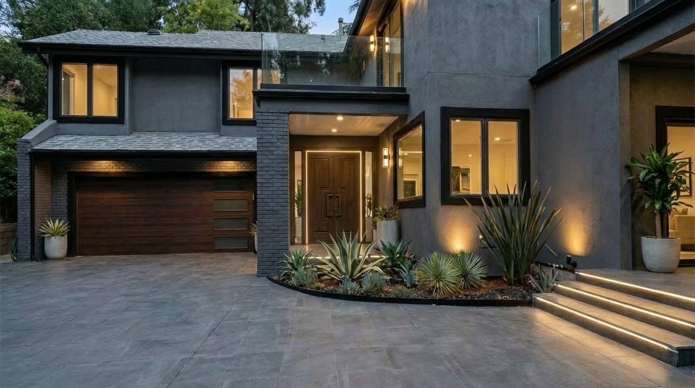 This image showcases the front exterior of a modern home, emphasizing its sophisticated curb appeal. It features a dark gray facade, a wooden garage door with a contemporary design, and well-manicured landscaping with accent lighting. The lighted steps leading up to the front entrance and a balcony with glass railing add to the home's upscale and inviting aesthetic.