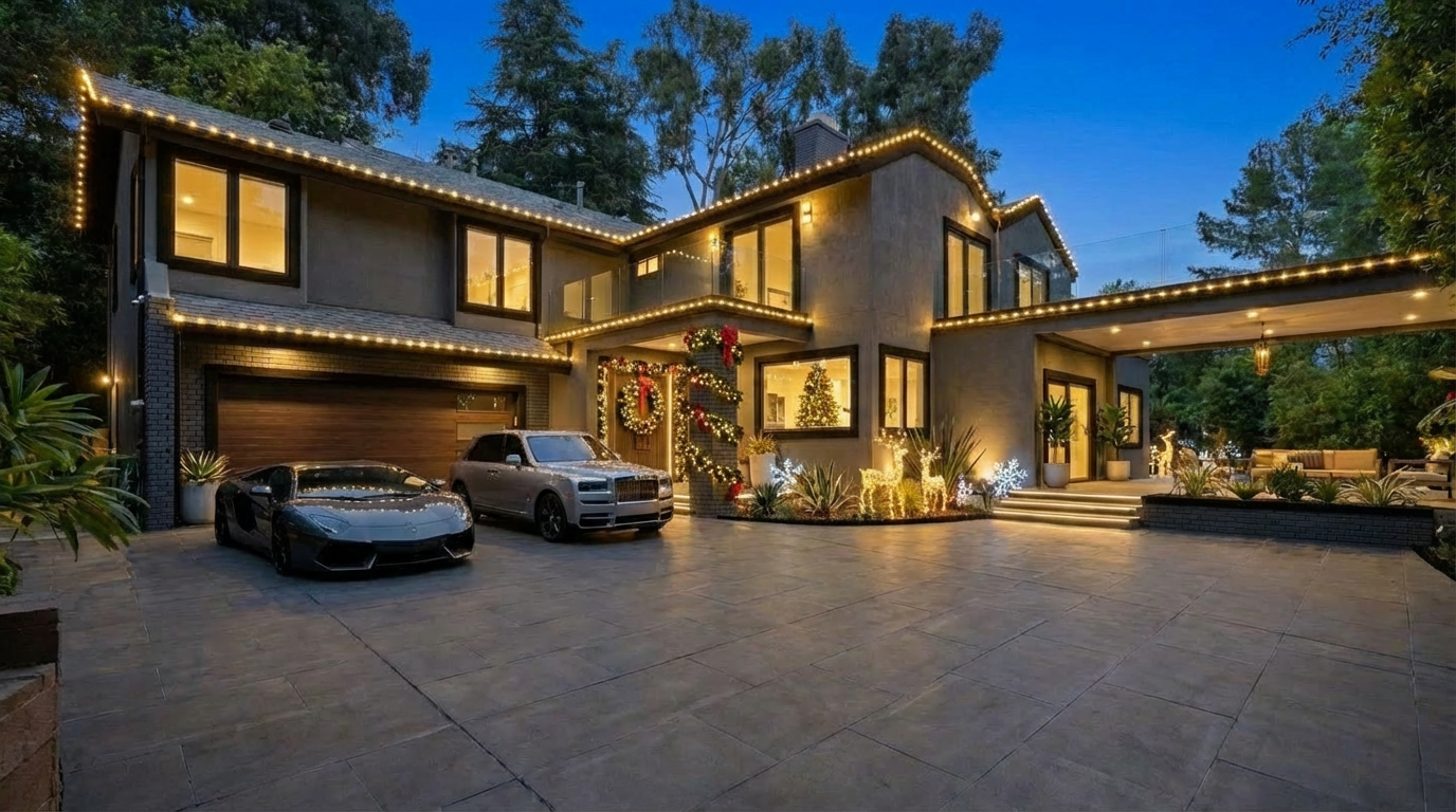This is a front exterior view of a luxurious two-story house adorned with Christmas lights and decorations. Two premium cars, a Lamborghini and a Rolls Royce, are parked in the expansive driveway. The house features a modern design with a covered walkway to the right, suggesting an upscale and festive ambiance.