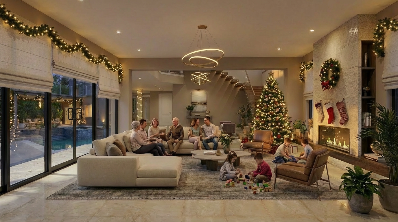 The image showcases a spacious and festive living room decorated for Christmas. A large sectional sofa offers ample seating for a family gathering, while a Christmas tree adorned with lights adds a warm glow. The space features modern decor, including a unique pendant light, built-in fireplace, and sliding glass doors that lead to an outdoor pool area, creating a seamless indoor-outdoor living experience.