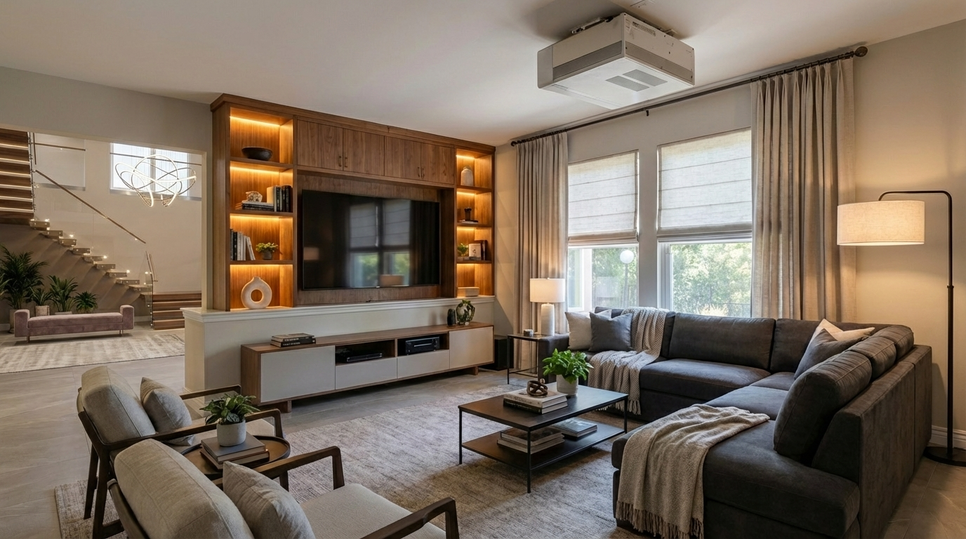 This is a well-lit living room featuring a large sectional sofa, a built-in media center with shelves and a TV, and adjacent seating. The space is decorated in a neutral color palette, with a large area rug anchoring the seating arrangement. Natural light floods through the windows, enhancing the inviting atmosphere.