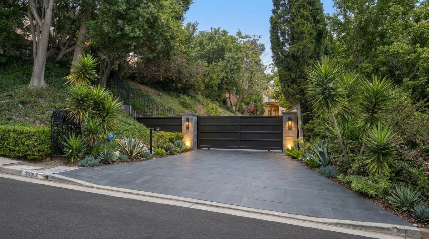 This is a captivating front view of a gated property, showcasing a dark gray metal gate flanked by stone pillars with integrated lighting. The driveway is paved with large, dark gray tiles, leading to a lushly landscaped entrance with mature trees and various plants providing privacy. The scene exudes an impression of security and refined elegance, making it a desirable property.