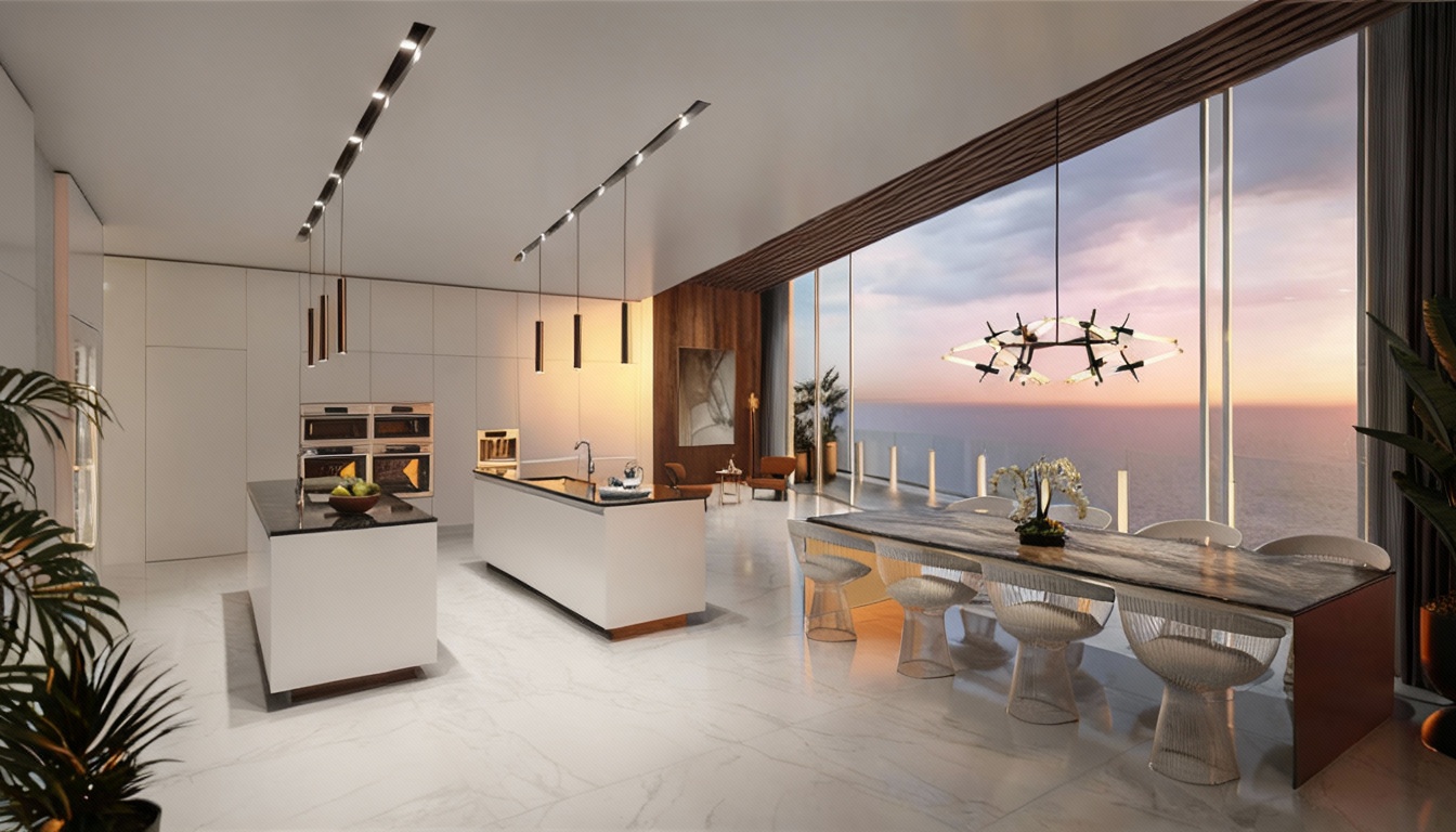 This is a spacious and modern kitchen with upscale finishes and fixtures. It features a large island with a dark countertop, sleek white cabinets, and an adjacent dining area with floor-to-ceiling windows offering stunning ocean views. Contemporary pendant lighting and a unique chandelier add a touch of elegance to the space.