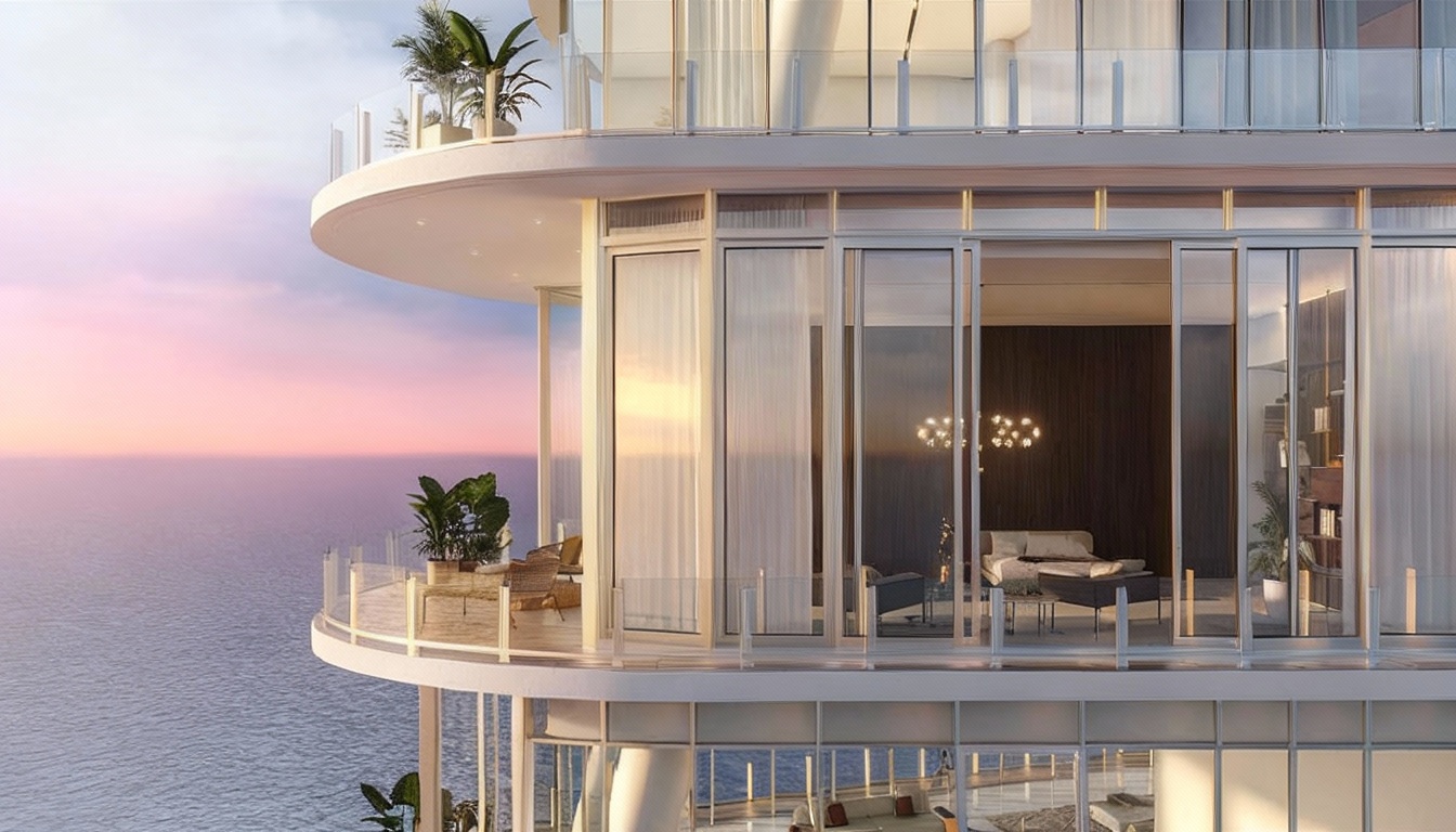 This image highlights the extensive balconies of a luxury high-rise condominium building. The curved balconies feature glass railings and outdoor furniture, emphasizing the potential for outdoor living and relaxation. The image offers stunning views of the ocean and sky.