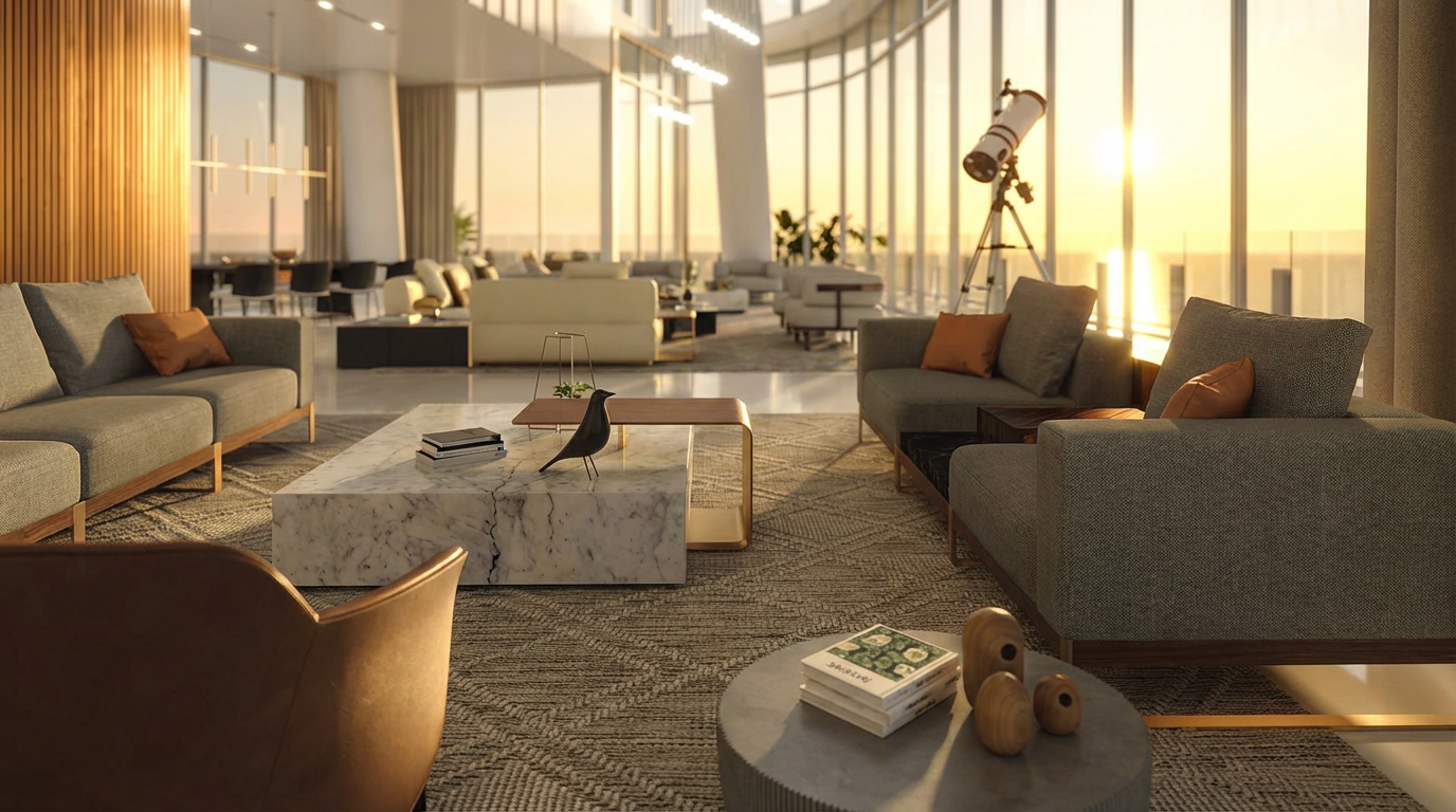 The image showcases a luxurious living room with modern furnishings and floor-to-ceiling windows offering panoramic views. Neutral color palettes and natural materials create a serene and inviting atmosphere. The space is well-lit with natural light and features stylish decor elements such as a telescope and decorative objects on the coffee table.