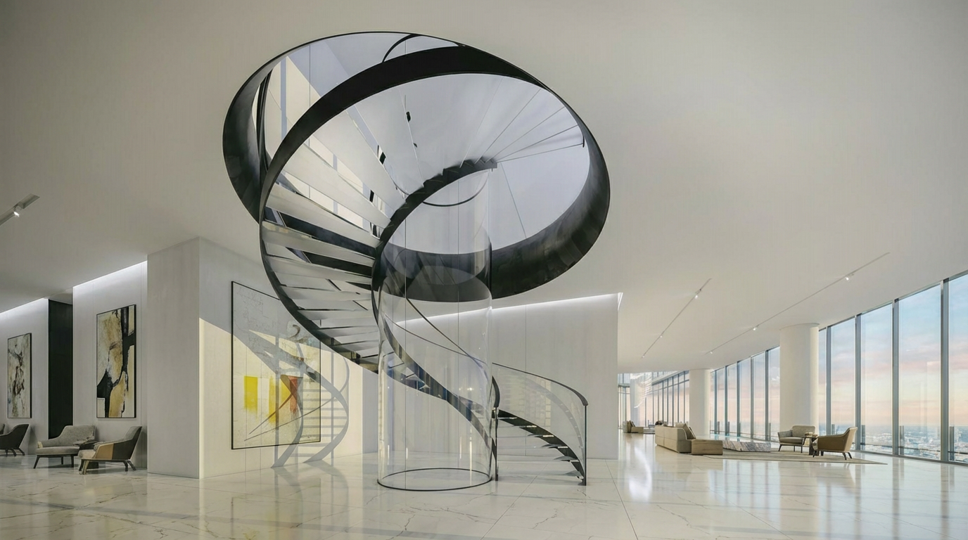 This is a high-end interior featuring a striking circular staircase as a focal point. The space is bright and airy, with clean, modern lines and expansive windows that offer panoramic views. Marble flooring adds a touch of luxury, complementing the artwork displayed on the walls.