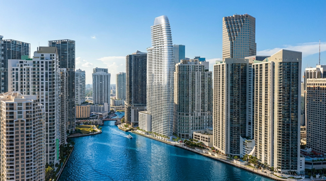 This is an aerial view showcasing a city skyline with numerous modern skyscrapers reflecting the sunlight. A vibrant blue river winds through the urban landscape, with boats traveling along the waterway. The image conveys a sense of contemporary urban living and impressive architectural design, suitable for highlighting prime real estate locations or waterfront properties within the city.