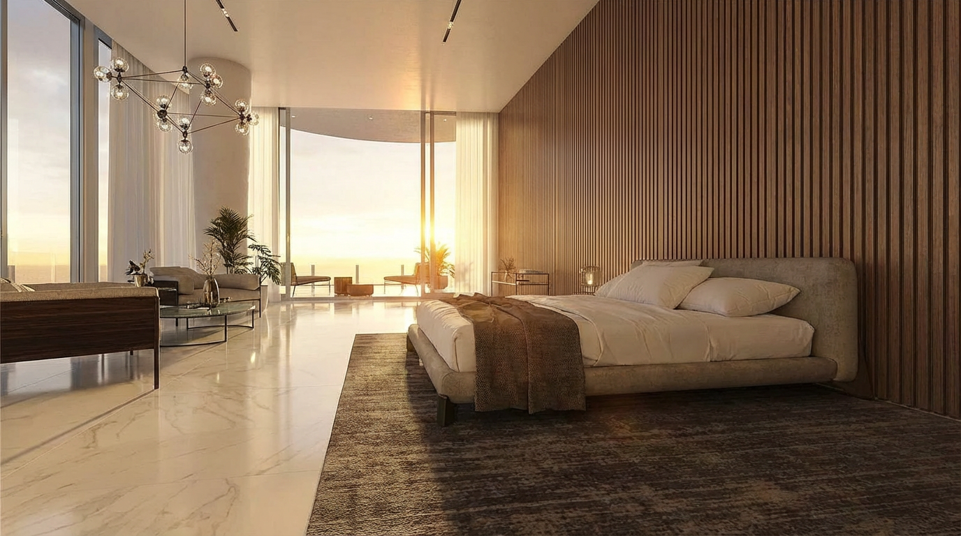 This is a luxurious primary bedroom featuring a king-sized bed with premium linens and a textured headboard. The room is spacious and light-filled, with floor-to-ceiling windows showcasing ocean views. A striking wood-paneled wall adds warmth and character, and the decor exudes modern elegance.