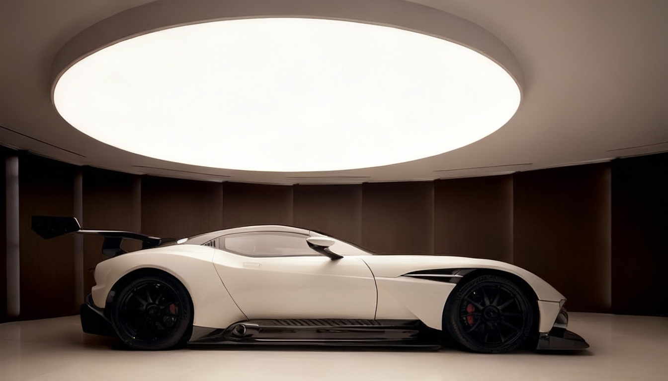 This image showcases a sleek, white sports car inside a modern architectural space. The room features curved walls and a large, circular recessed light fixture, which highlights the car's aerodynamic design. The setting suggests a high-end garage or display area, emphasizing luxury and exclusivity.