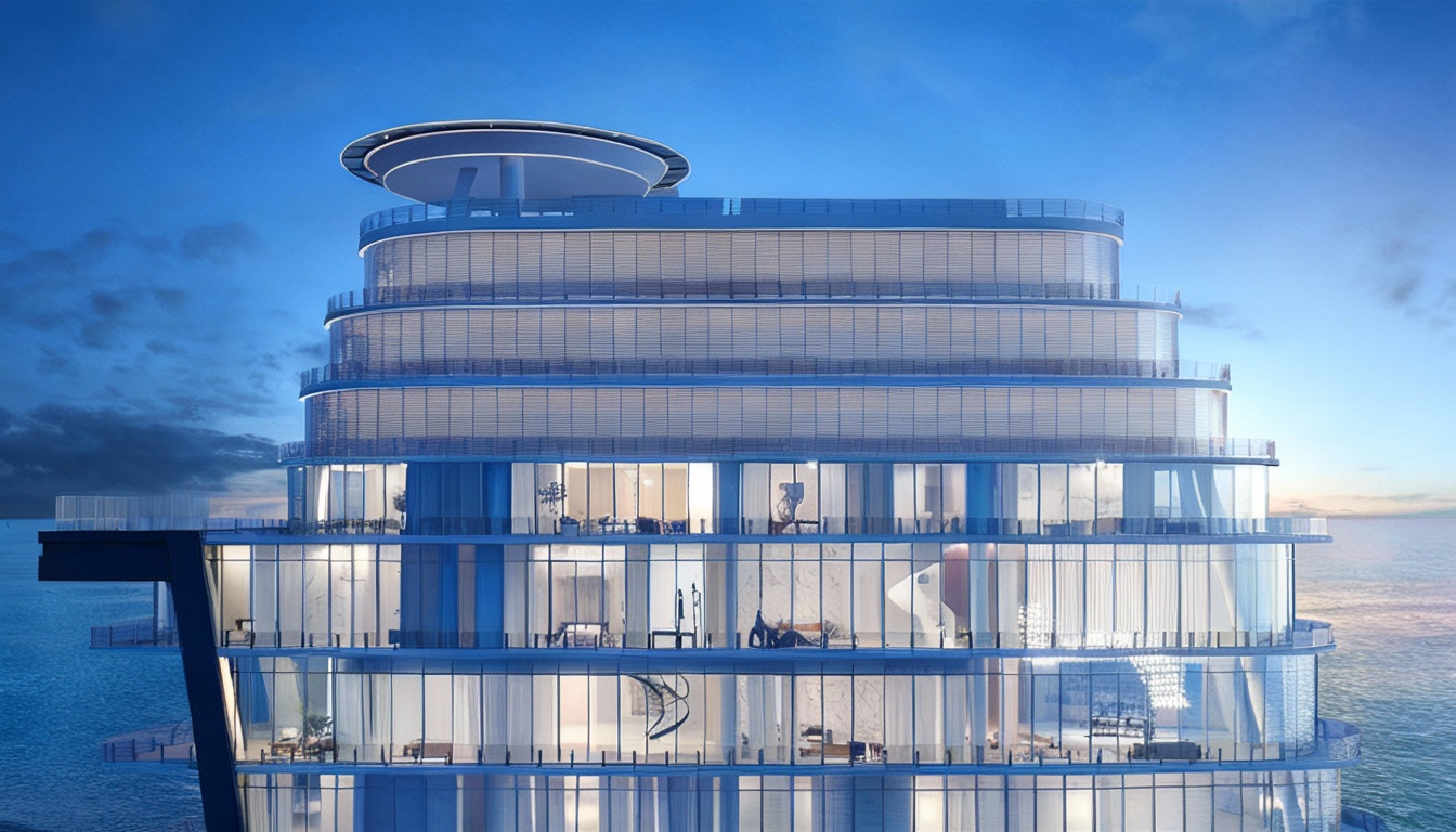 This is an architectural rendering of a luxury high-rise building with a modern, tiered design. The building features extensive glass windows offering panoramic views, likely near the water. A notable feature is a helipad on the top, indicative of exclusive luxury.